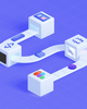 A 3D illustration of a digital workflow with interconnected blocks featuring icons for coding, design, color selection, and tools, on a blue grid background.