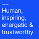 White text reading 'Human, inspiring, energetic & trustworthy' against a blue background