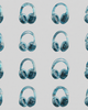 A designed graphic of sixteen blue transparent headphones