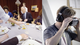 A side by side. On the left, a dinner party. On the right, an image of a man with a VR headset and headphones on.