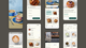 A series of cards showing mobile phone screens against a brown background. The slides show screens for a bakery's app, including pastries and beverage options.