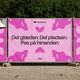 Pink banner with abstract shapes and Danish text: "Del glæden. Del pladsen. Pas på hinanden." by Heartland, with trees in the background.