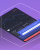 A purple background with 3D floating dark dashboard displaying a blue line graph, text, and buttons.