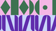 Abstract geometric pattern with green diamonds and circles on pink, and purple curved shapes on blue.