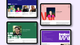 Four tablet screens displaying colorful website designs with photos and text sections, featuring profiles and content blocks in various layouts.