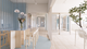 A showroom with light blue and white accents