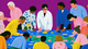 A diverse group of people gathered around a table with colorful objects on a blue surface, wearing vibrant clothing, set against a purple background.