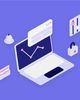 Isometric illustration of a laptop displaying a line graph, surrounded by icons like a bell, padlock, sliders, and cards, on a purple background.