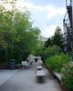 A patio with benches surrounded by greenery