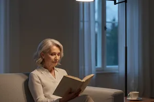 Eine ältere Frau liest ein Buch auf einem Sofa unter einer Holtkötter Lector Stehlampe; auf einem Beistelltisch steht eine Tasse, im Hintergrund ist ein Fenster zu sehen.