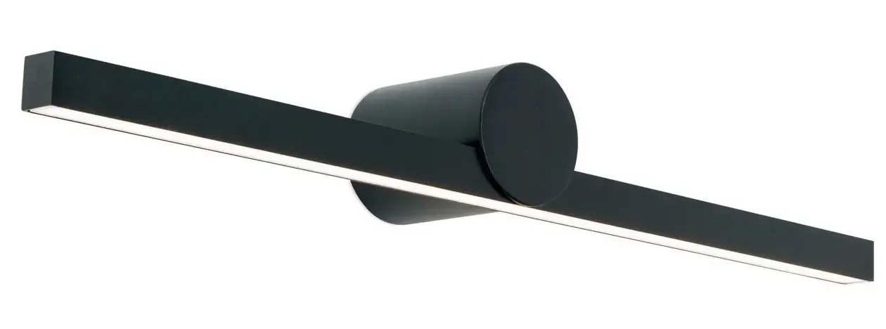 Elegante schwarze LED-Wandleuchte mit langem, rechteckigem Balken und rundem Sockel.