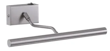 Silberne Wand-Bilderleuchte mit rechteckigem Sockel und zylindrischer LED-Leiste, konzipiert zum Beleuchten von Kunstwerken oder Fotos.