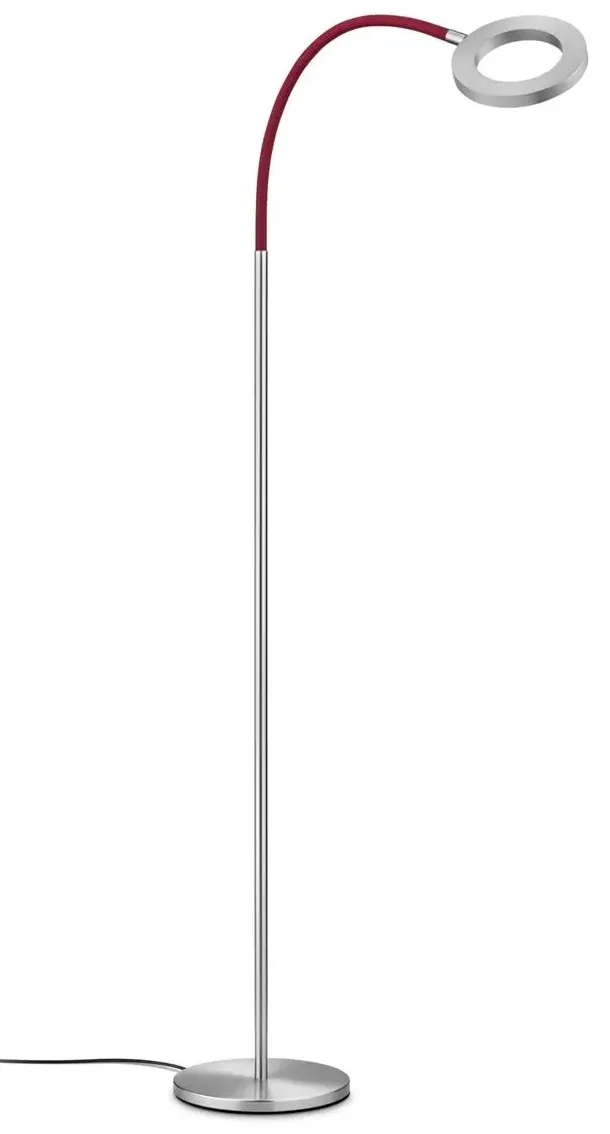 Moderne Stehleuchte mit schlankem, silbernem Ständer und rundem LED-Kopf auf rotem, flexiblem Hals, verbunden mit einem schwarzen Netzkabel.
