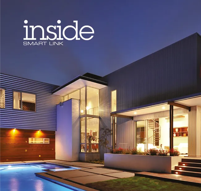 Product name is  "inside" . Modern house with large windows and a pool, illuminated at dusk. Text reads "inside SMART LINK" in the top left corner.