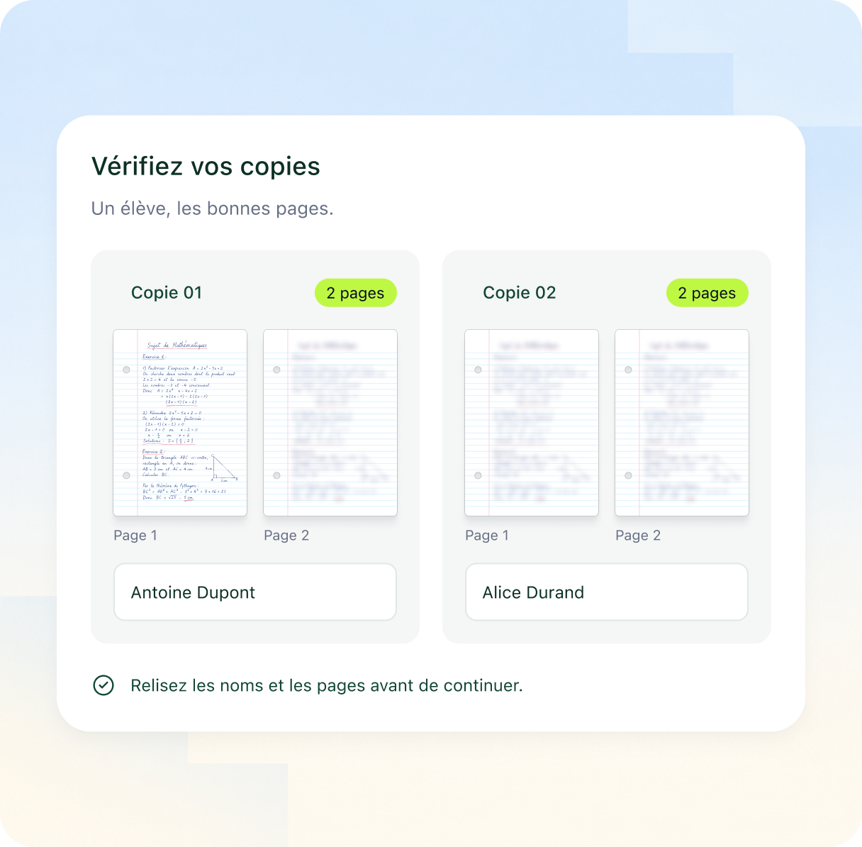 Interface Examino : Vérifiez les pages de chaque copie.