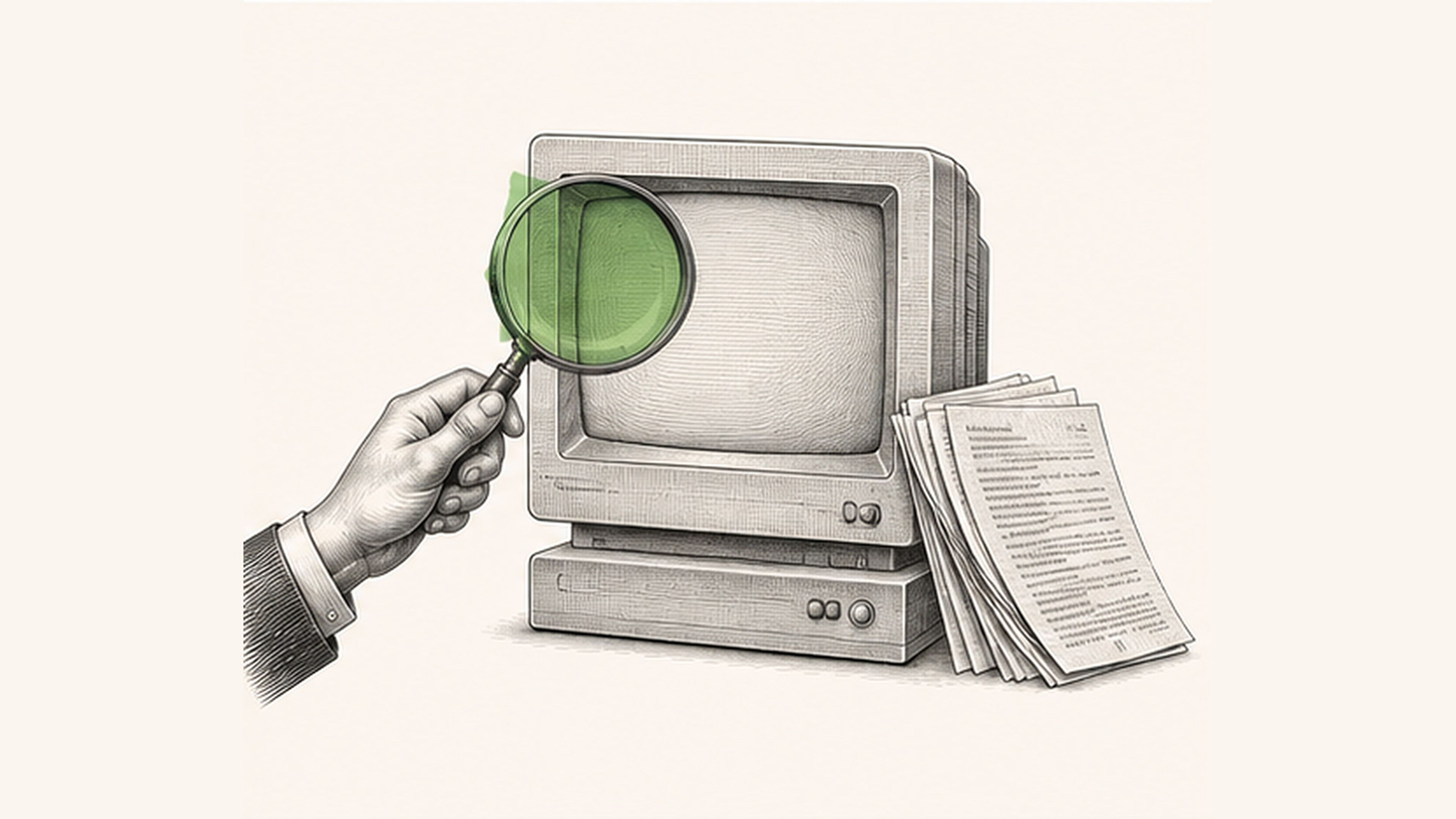 Hand holding a magnifying glass in front of a computer screen and student papers