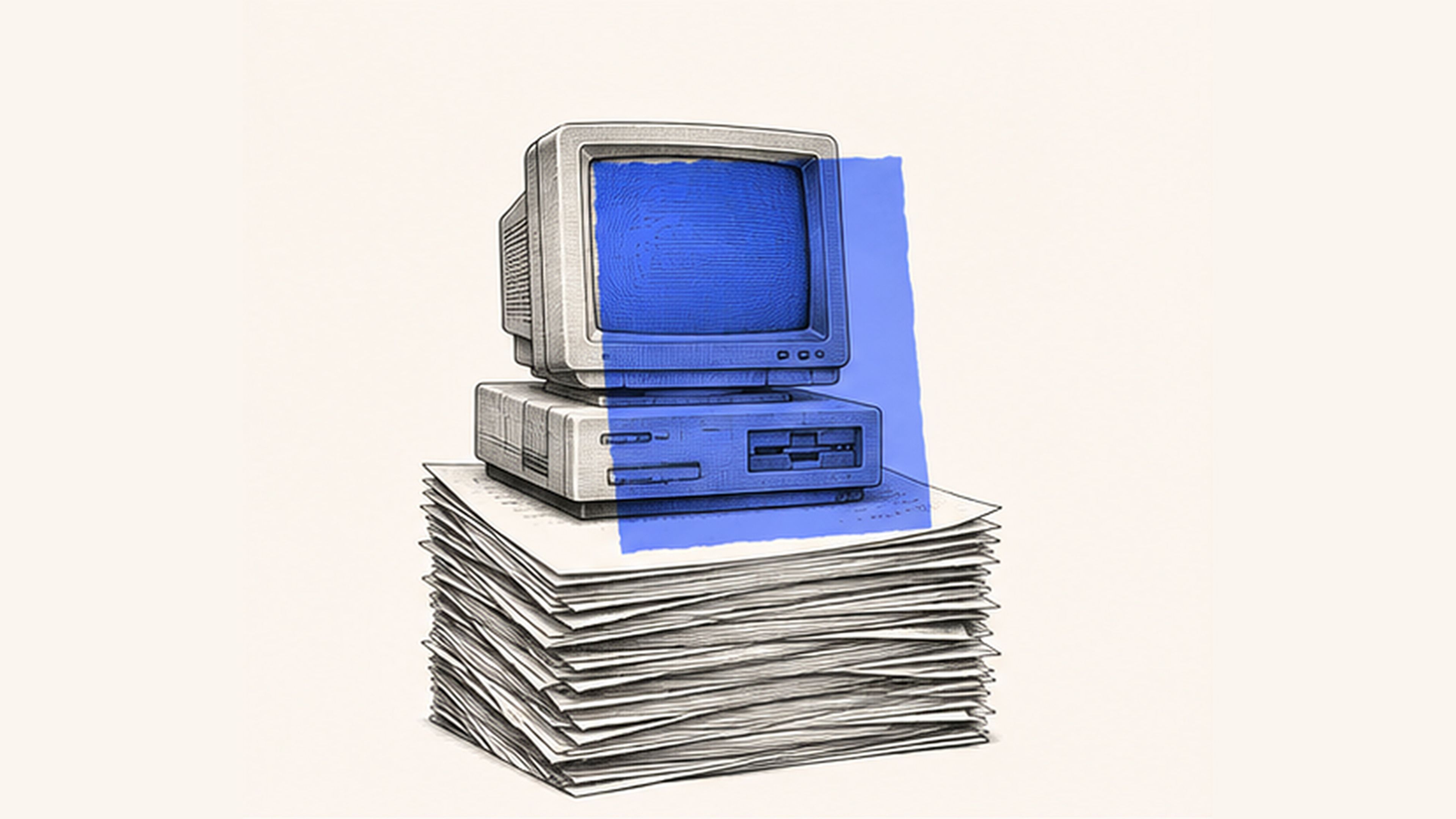 Ordinateur vintage posé sur une haute pile de copies à corriger