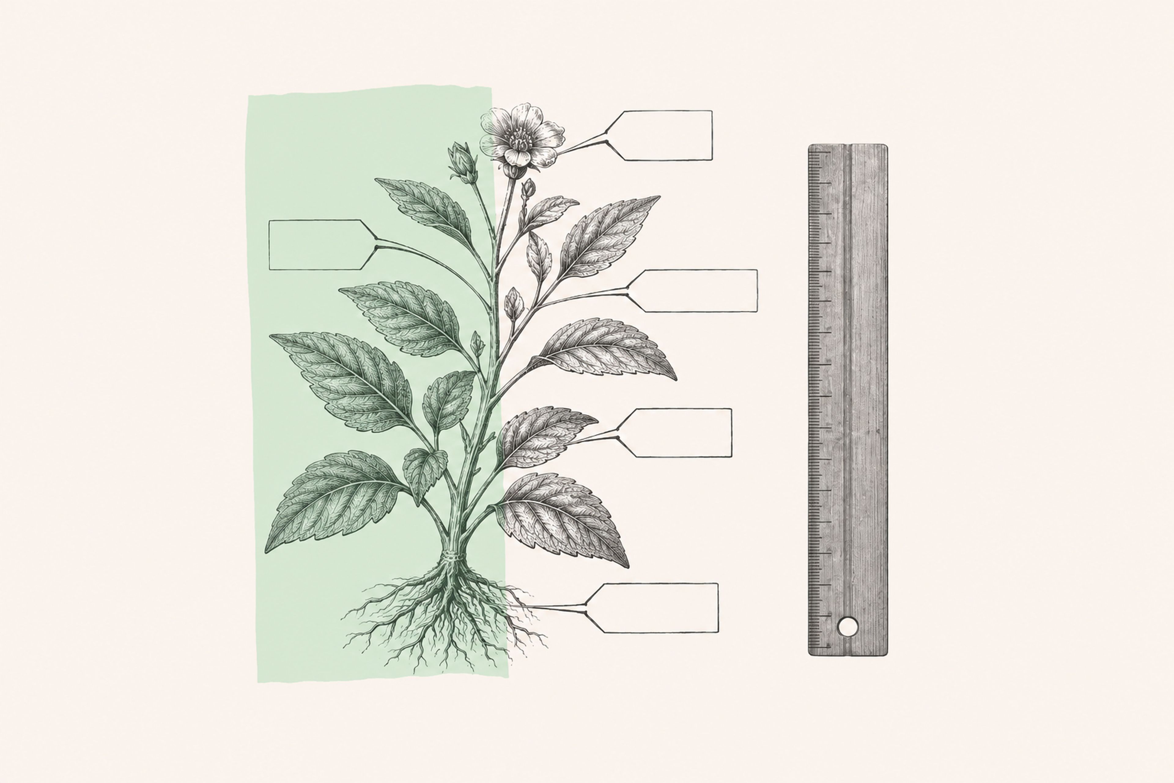 Annotated botanical diagram next to a ruler, illustrating a teaching resource