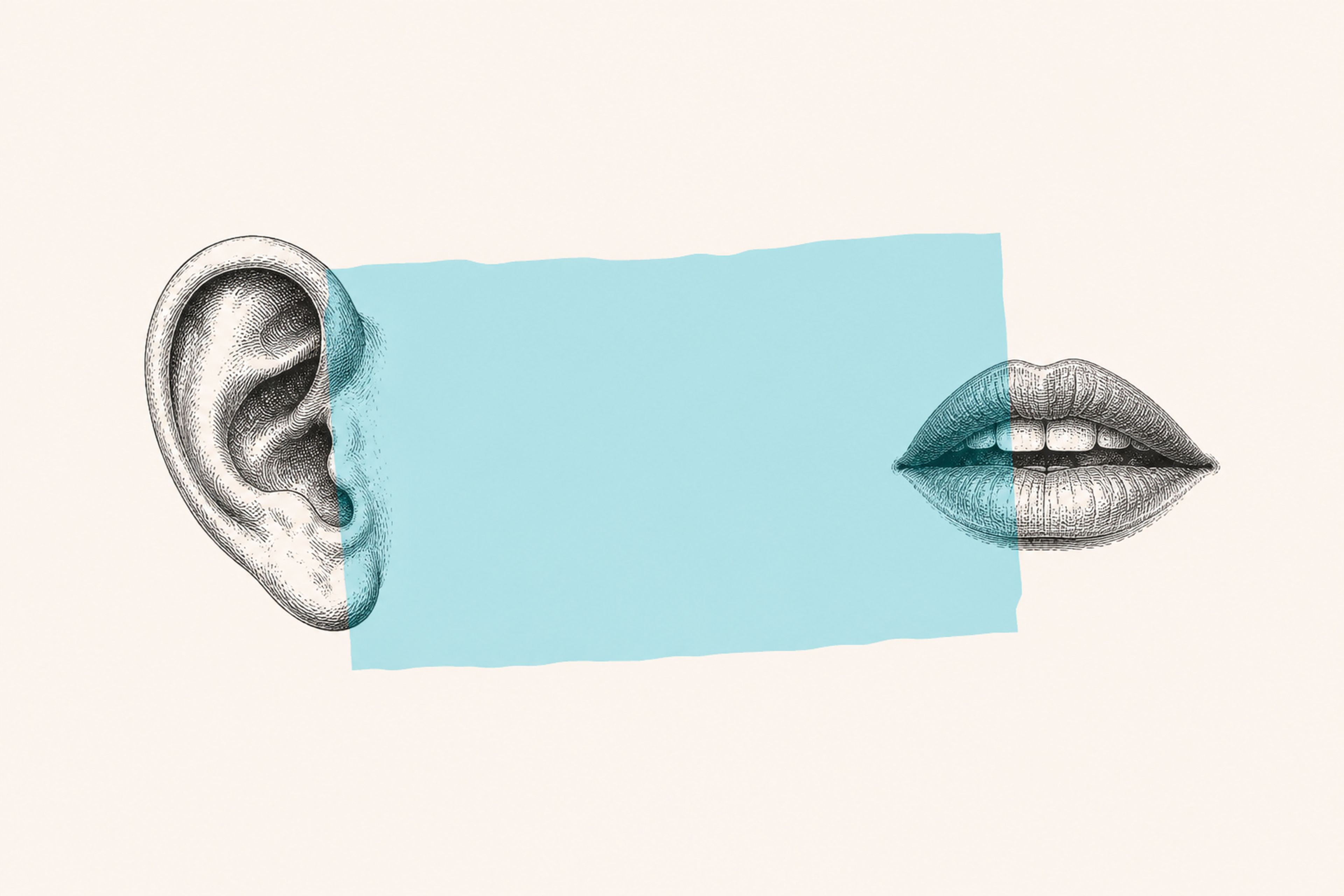 Oreille et bouche séparées par un aplat turquoise, symbole de l'échange oral