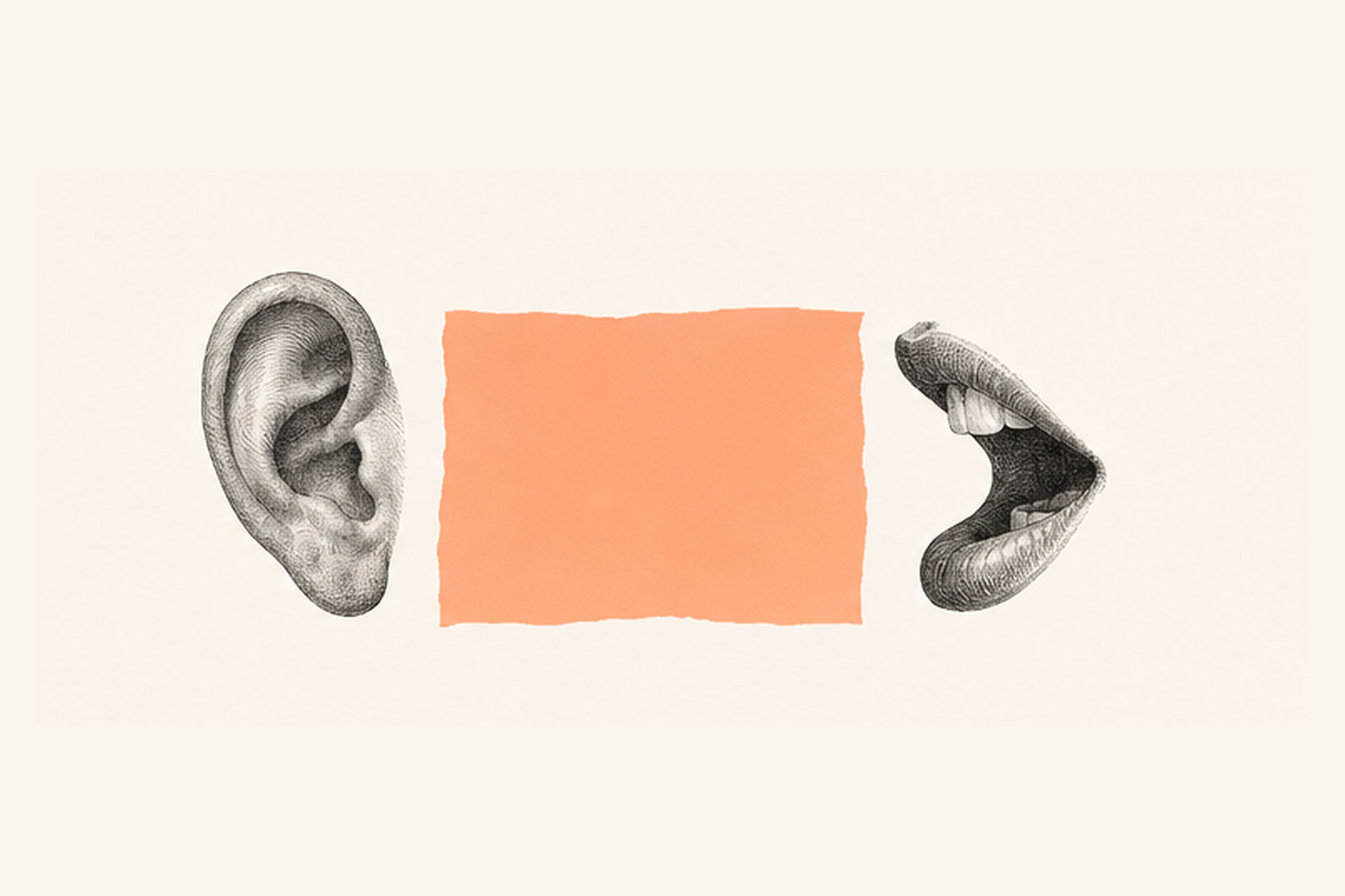 Ear and mouth separated by an orange block, a symbol of dialogue between student and teacher
