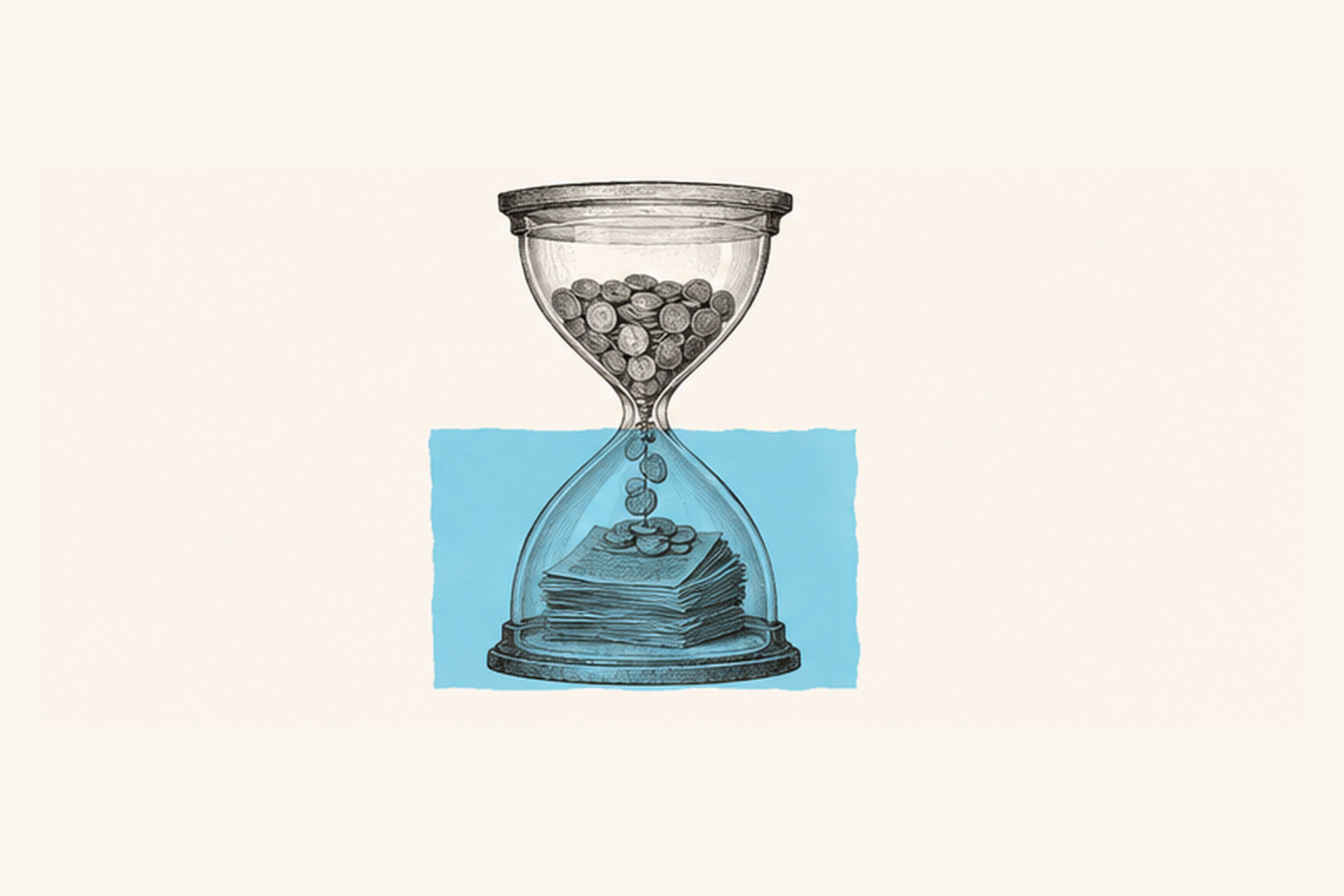 Hourglass pouring coins onto a stack of documents