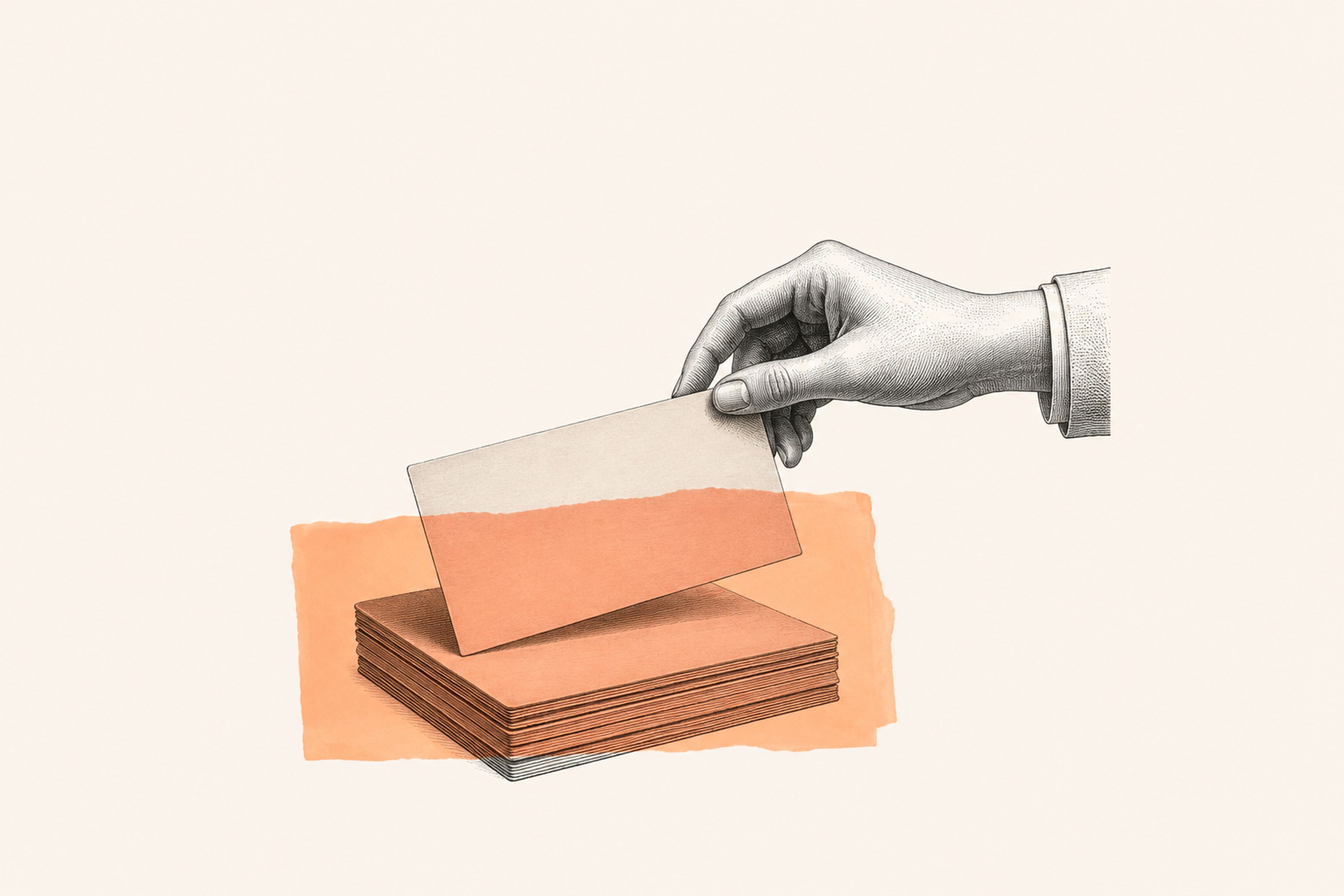 Main déposant une fiche sur une pile de documents classés