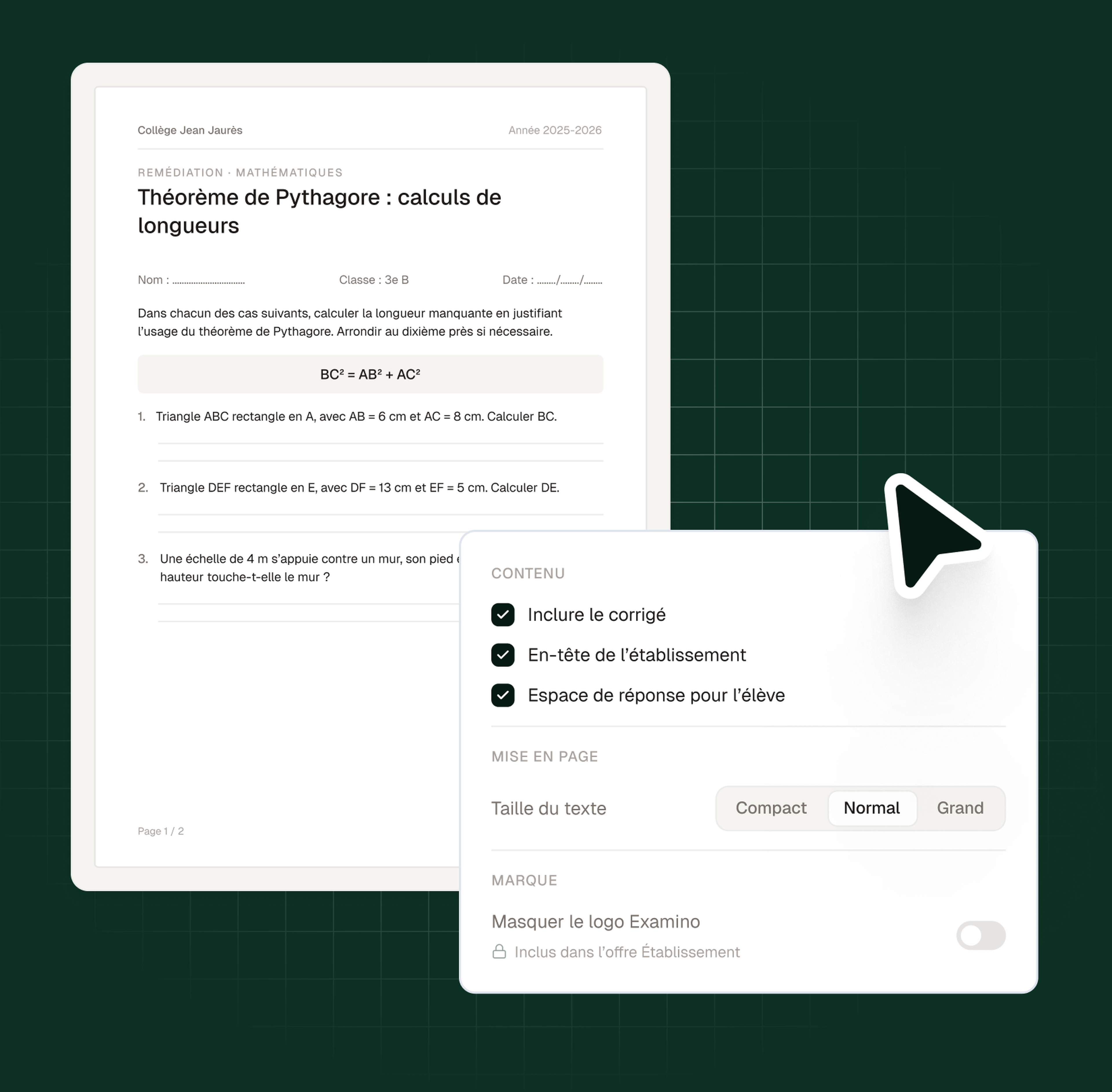 Options d'export et d'impression dans Examino : corrigé inclus, en-tête de l'établissement, mise en page