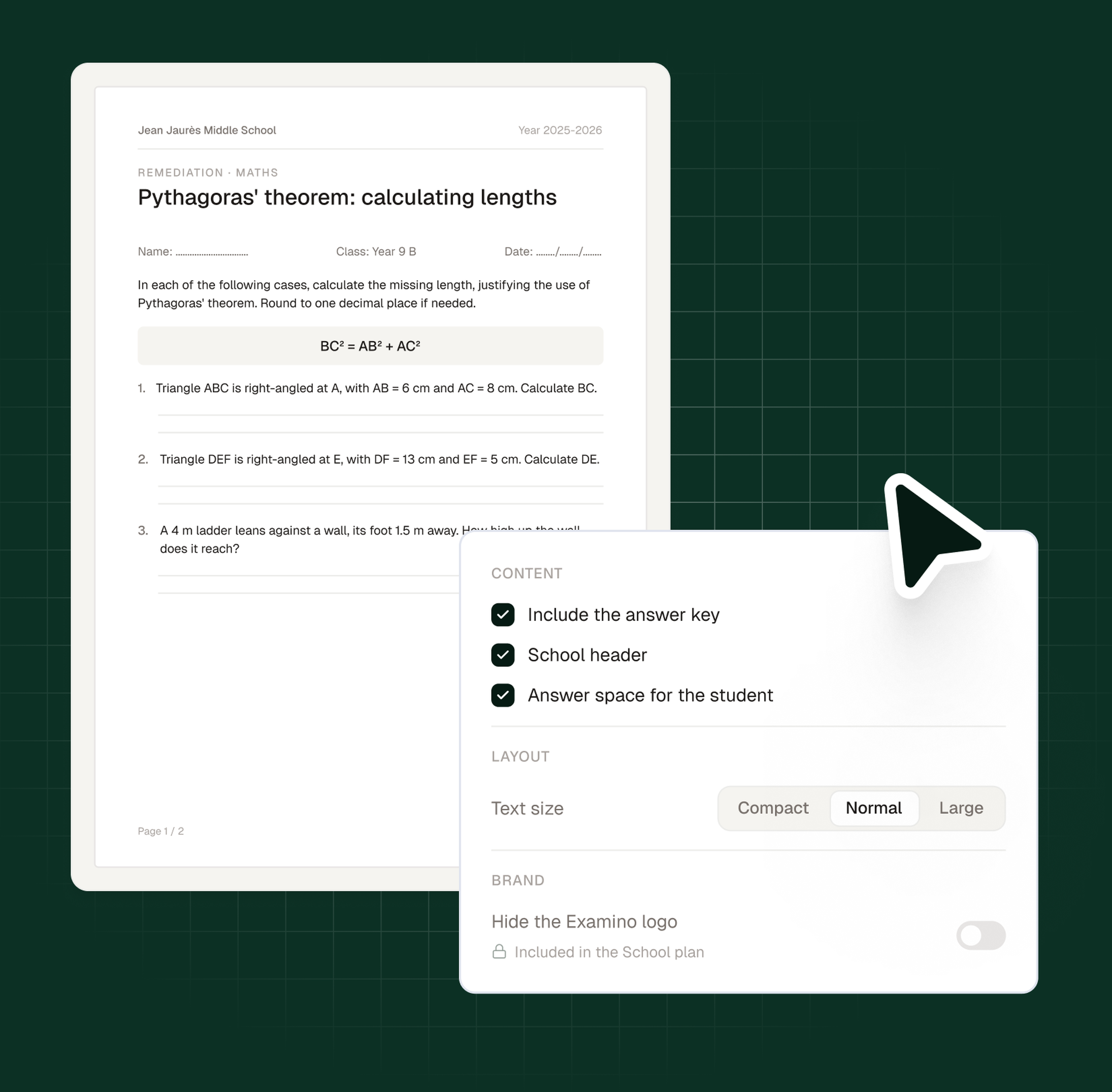 Export and print options in Examino: answer key included, school header, layout