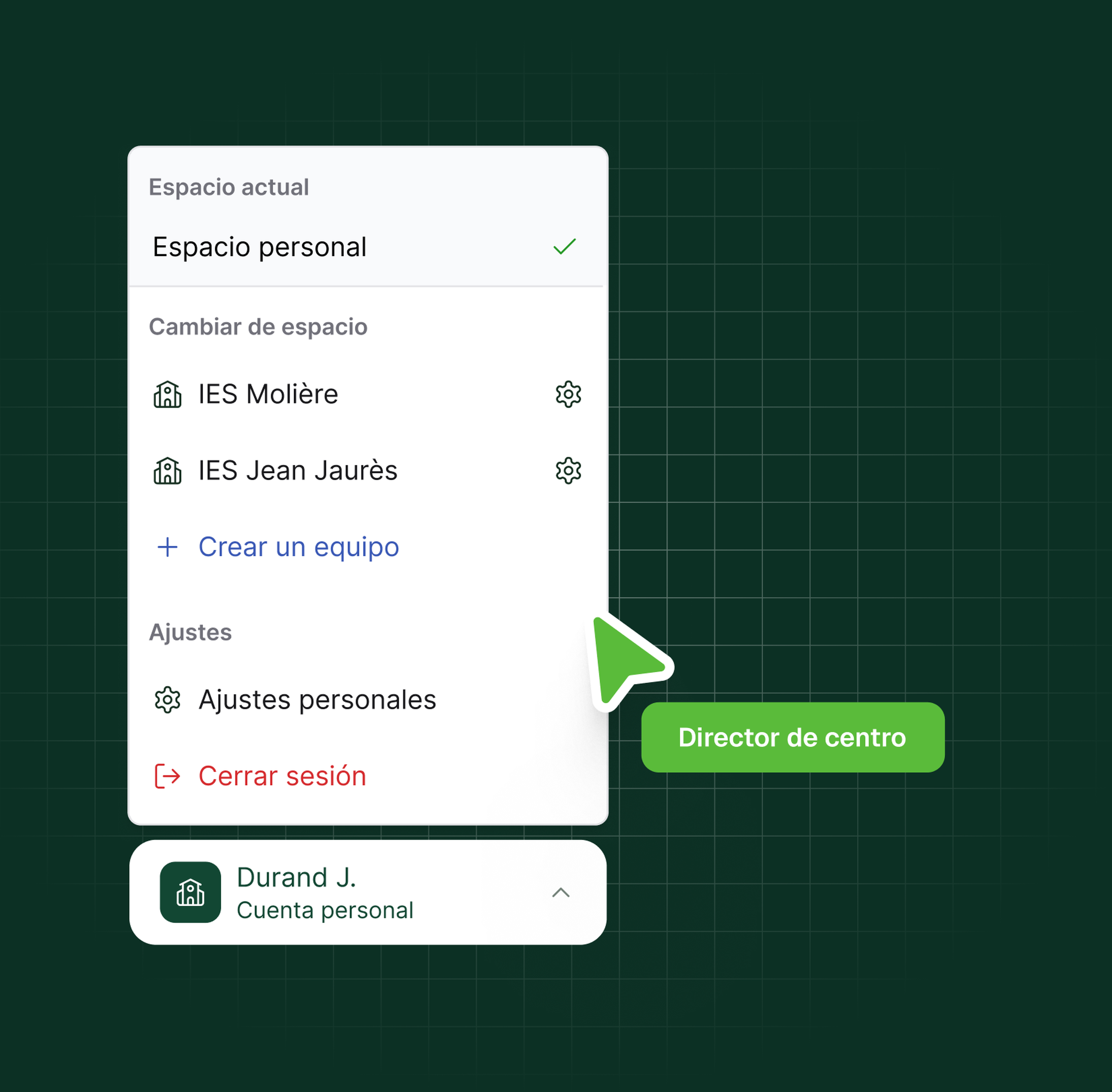 Cambio de espacio de trabajo en Examino: espacio personal y centros, creación de equipo