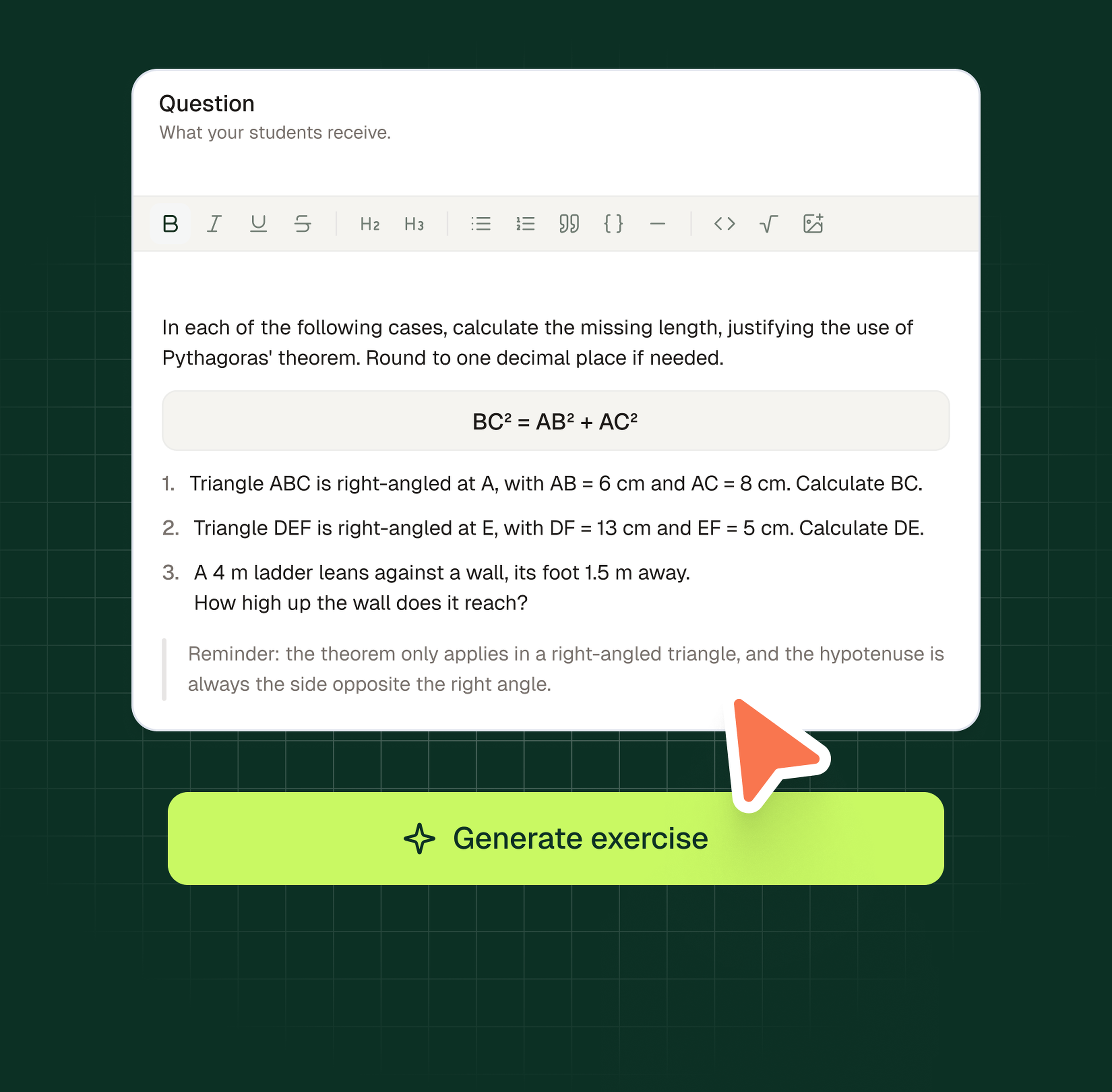 Generating a remediation exercise with Examino's AI: statement ready to send to students