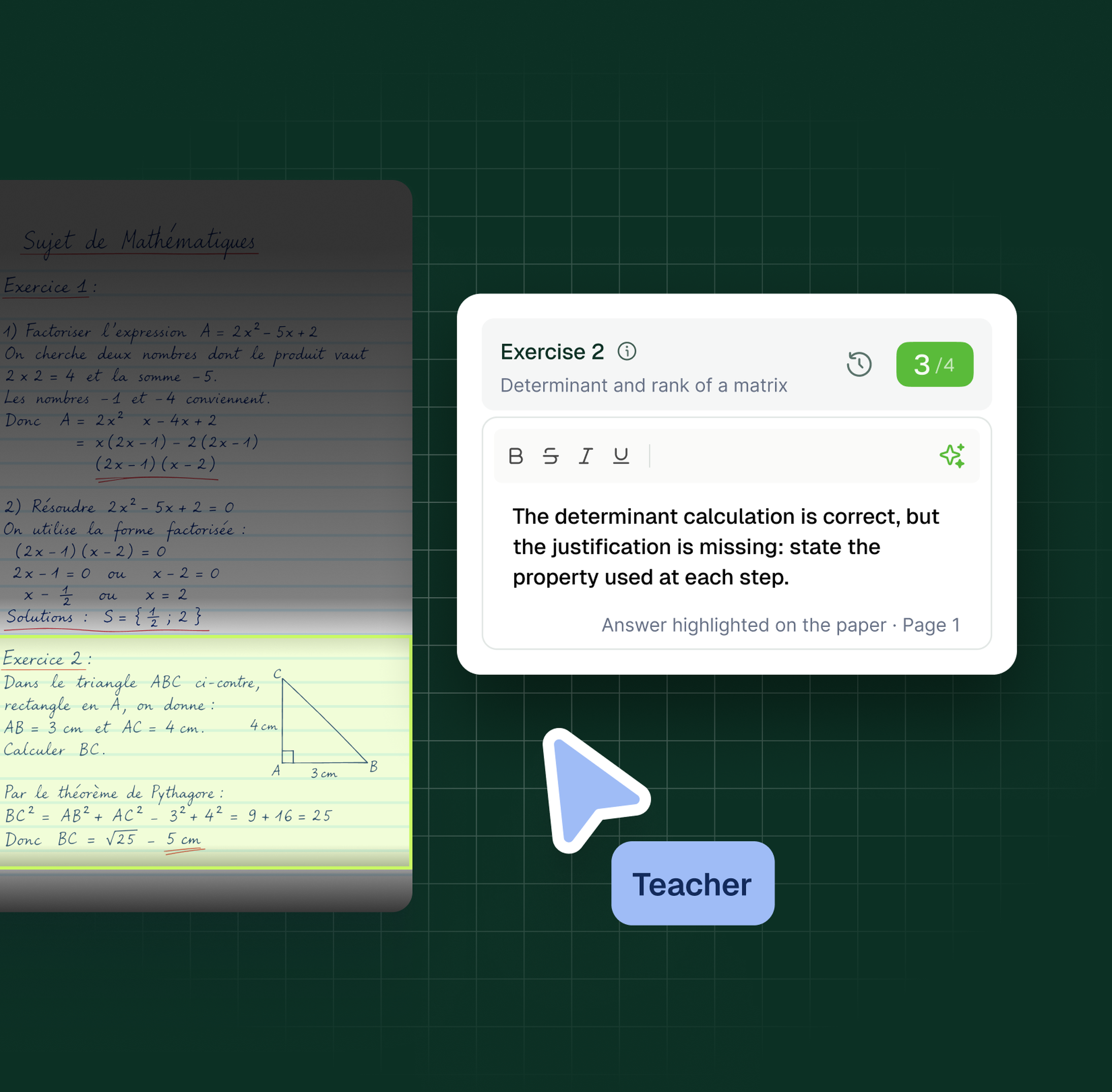 Synced correction in Examino: comment and score shown next to the exercise on the paper