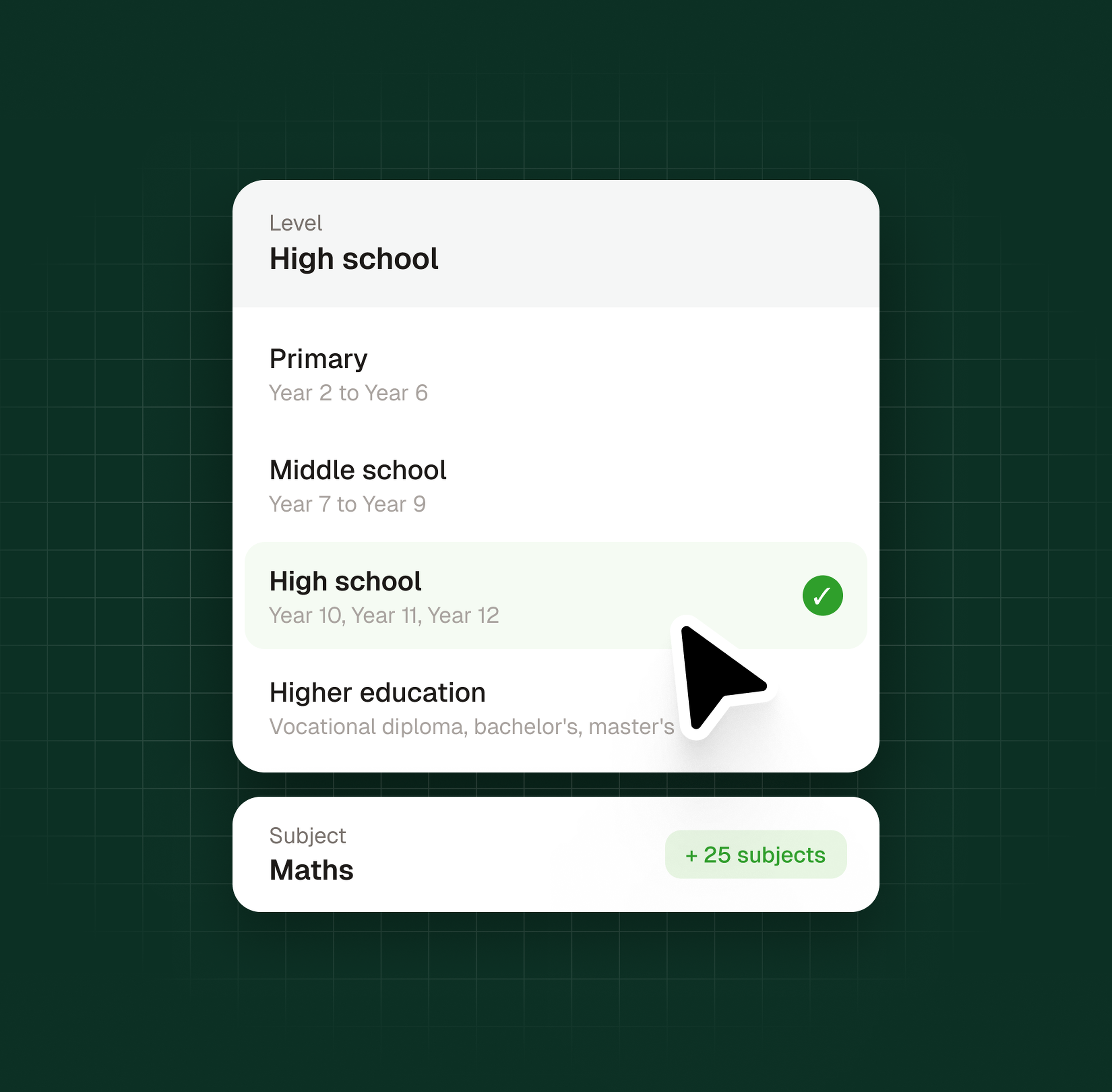 Selecting the school level (primary, middle school, high school, higher education) and subject in Examino