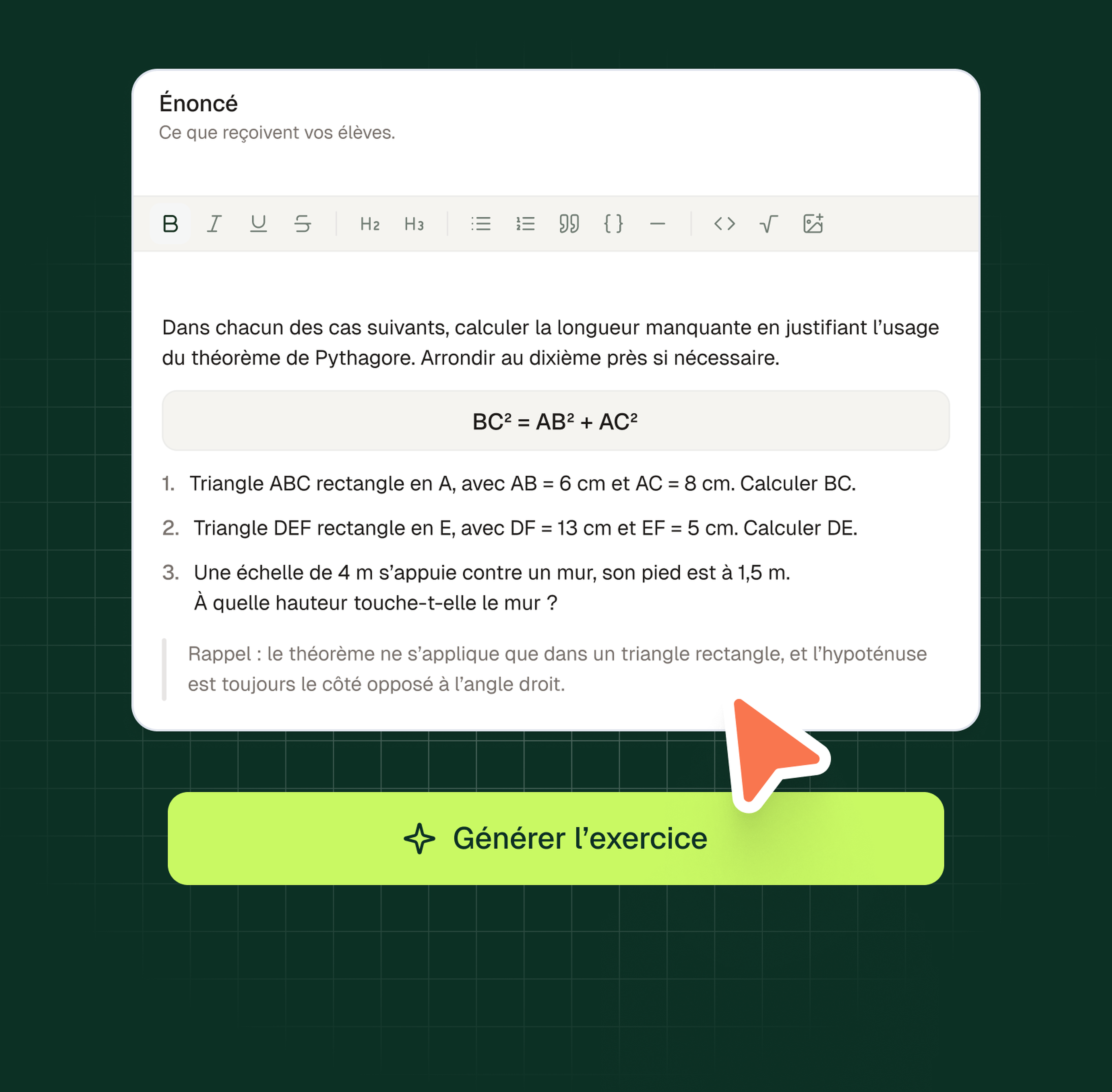 Génération d'un exercice de remédiation par l'IA d'Examino : énoncé prêt à envoyer aux élèves