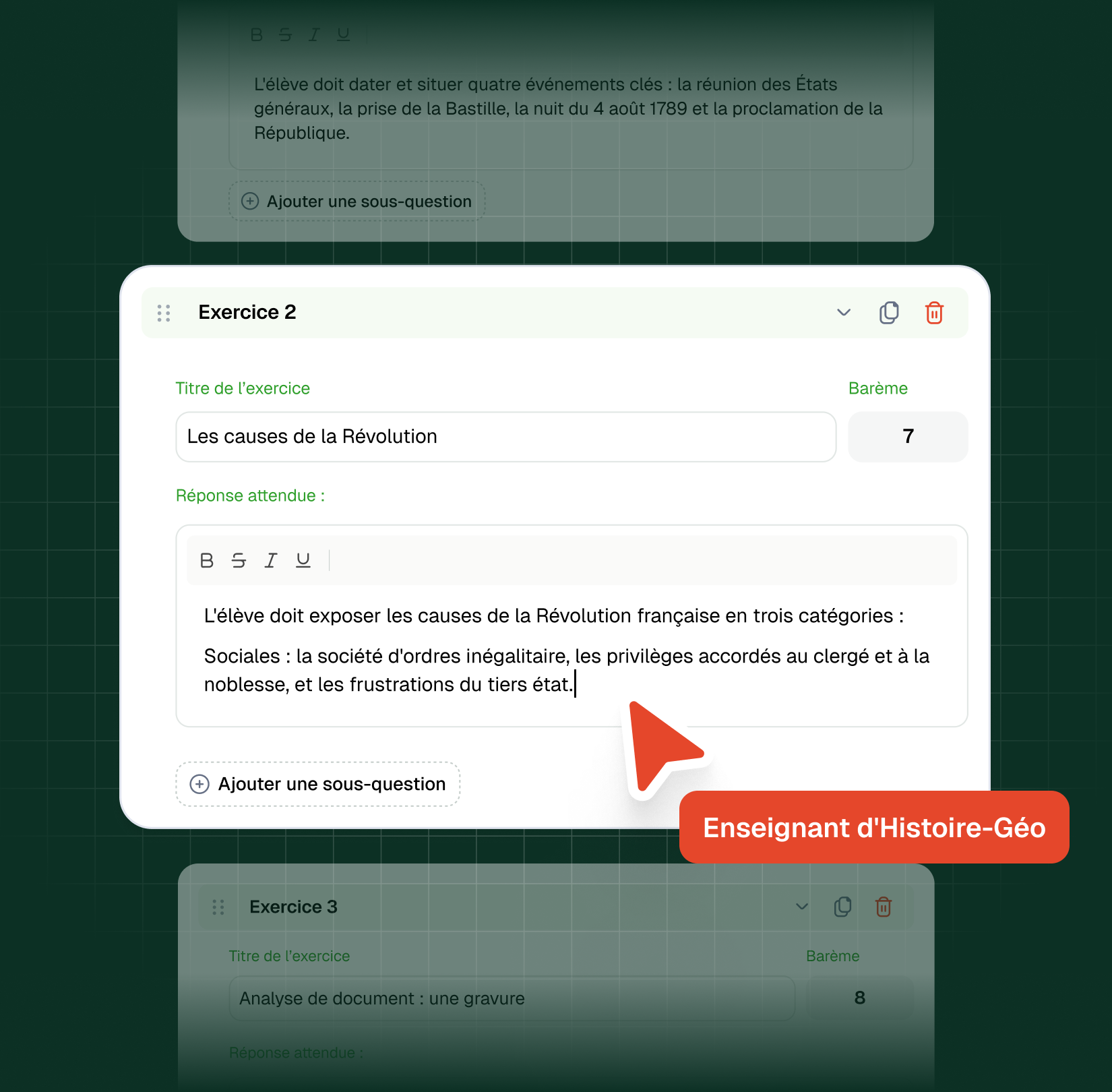 Édition du barème d'un examen dans Examino : titre de l'exercice, points et réponse attendue