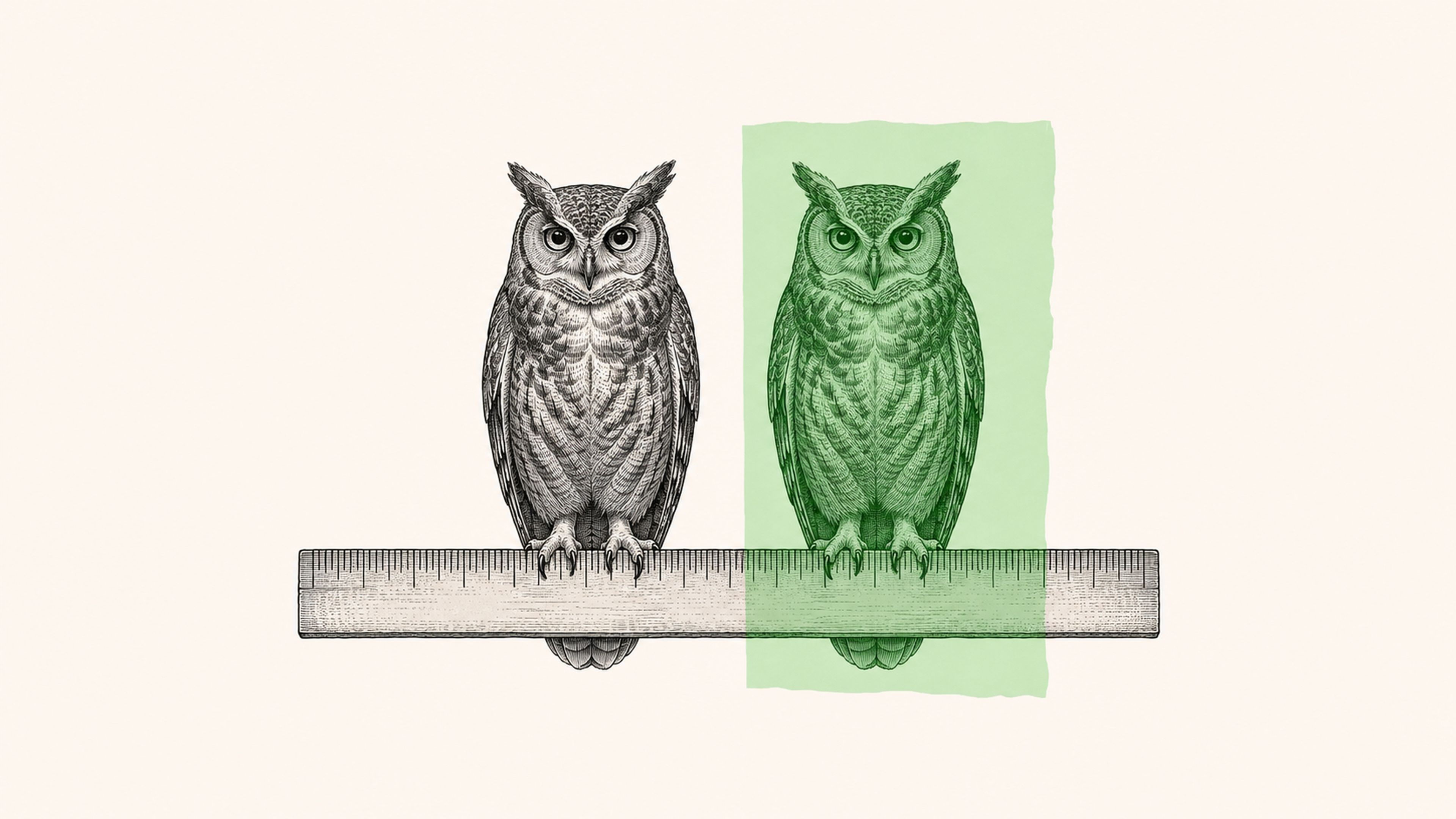 Dos búhos posados sobre una regla, símbolos del saber y de la evaluación