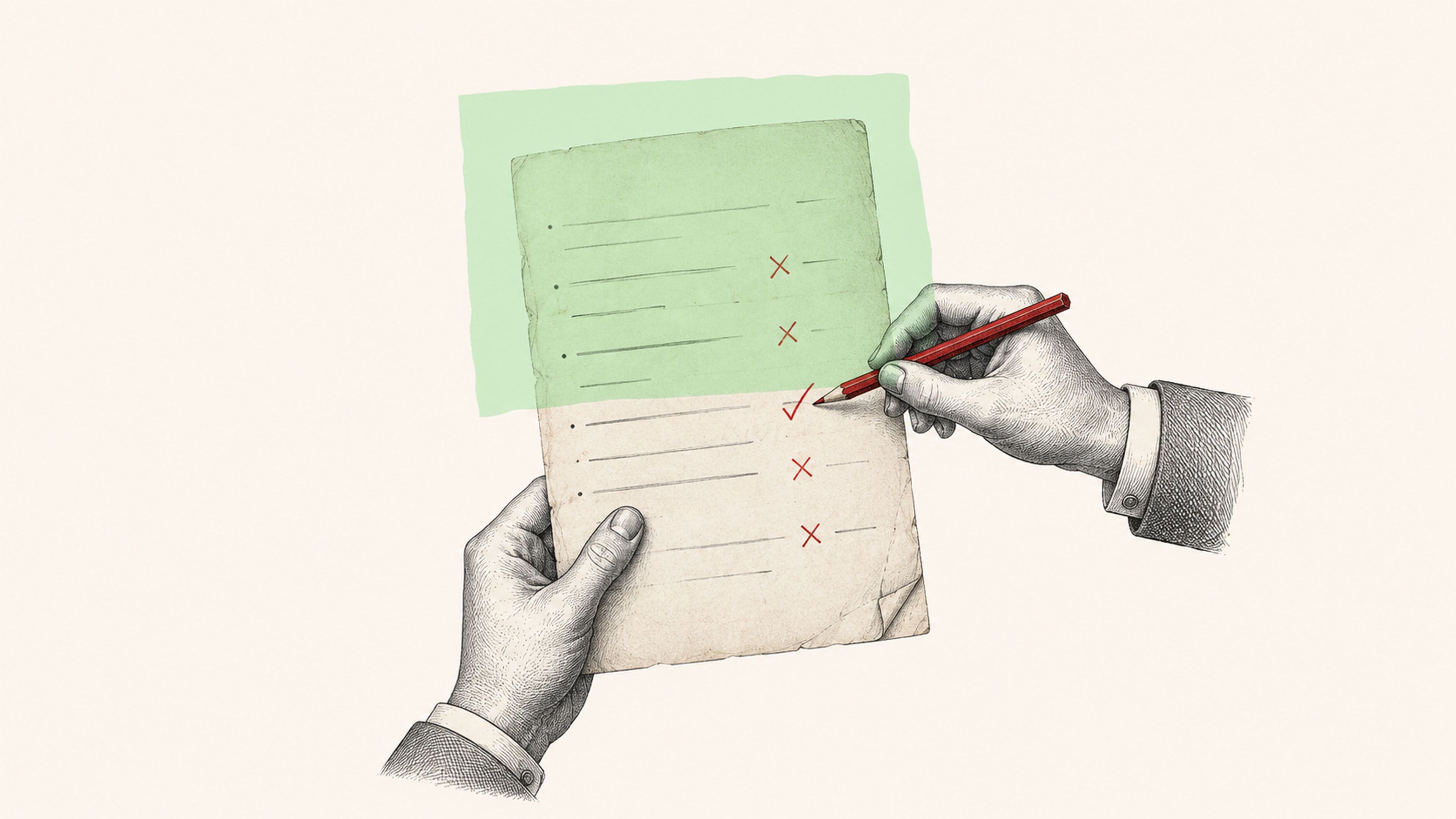 Hands marking a paper in red pen with ticks and crosses