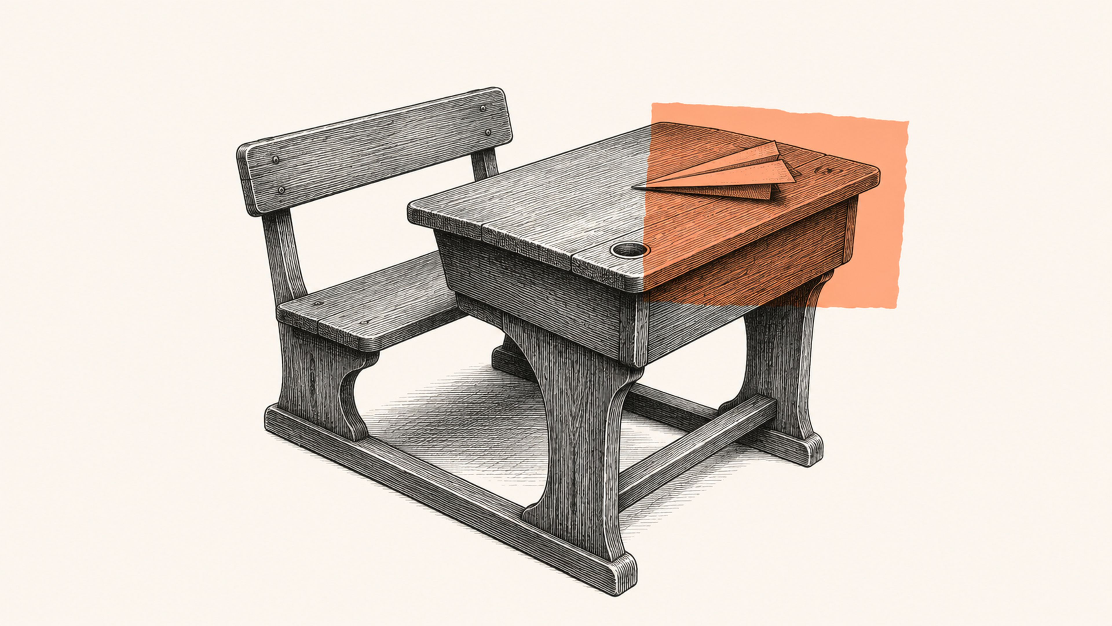 Pupitre d'écolier ancien en bois avec son banc