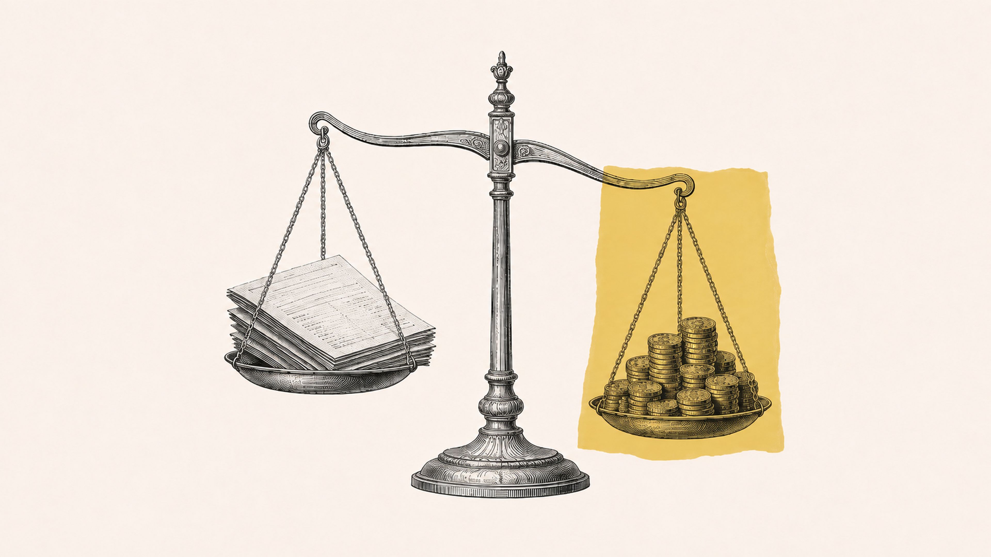 Balance comparant une pile de copies et des pièces d'or