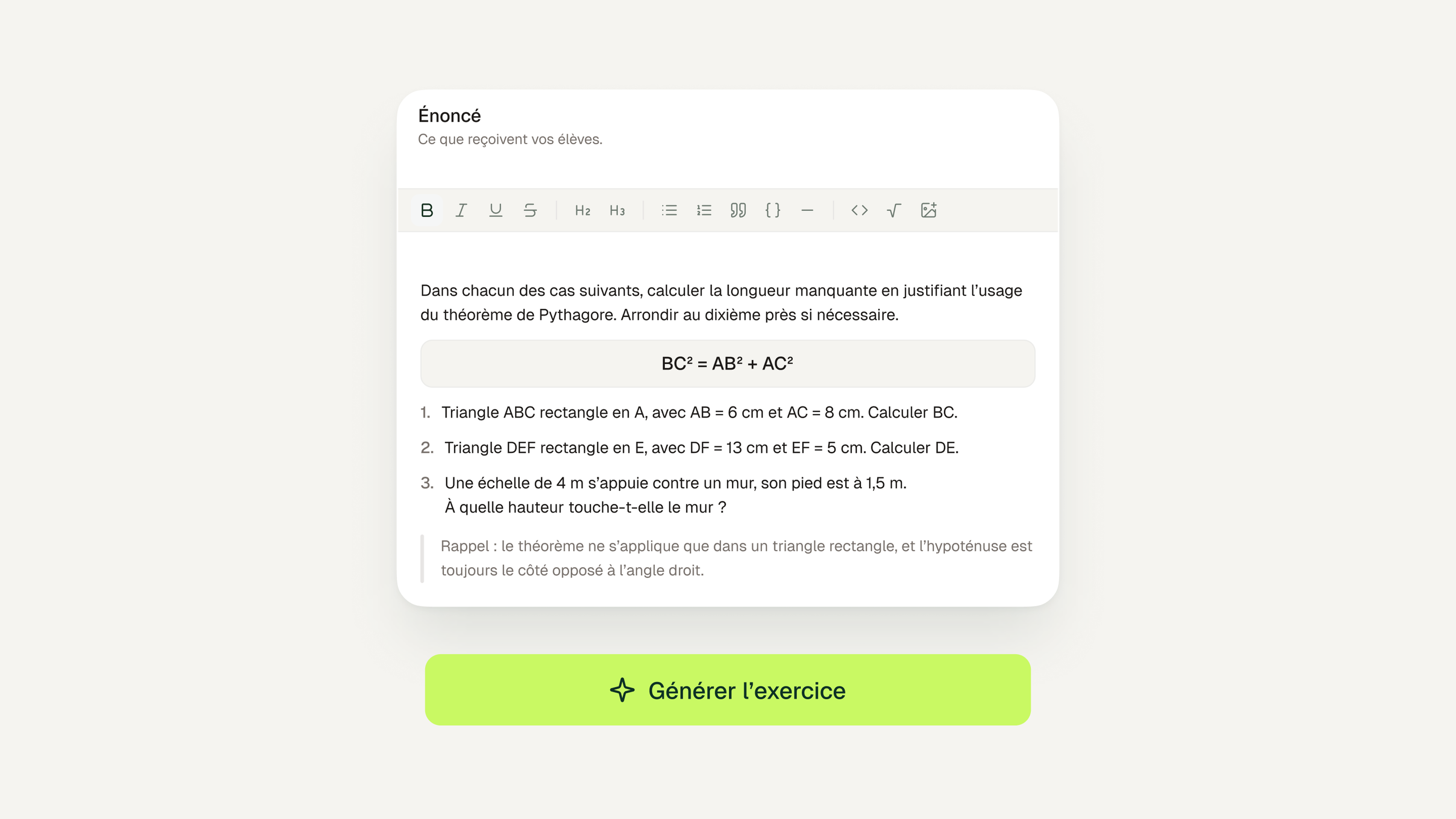 Génération d'un exercice de remédiation par l'IA d'Examino : énoncé prêt à envoyer aux élèves