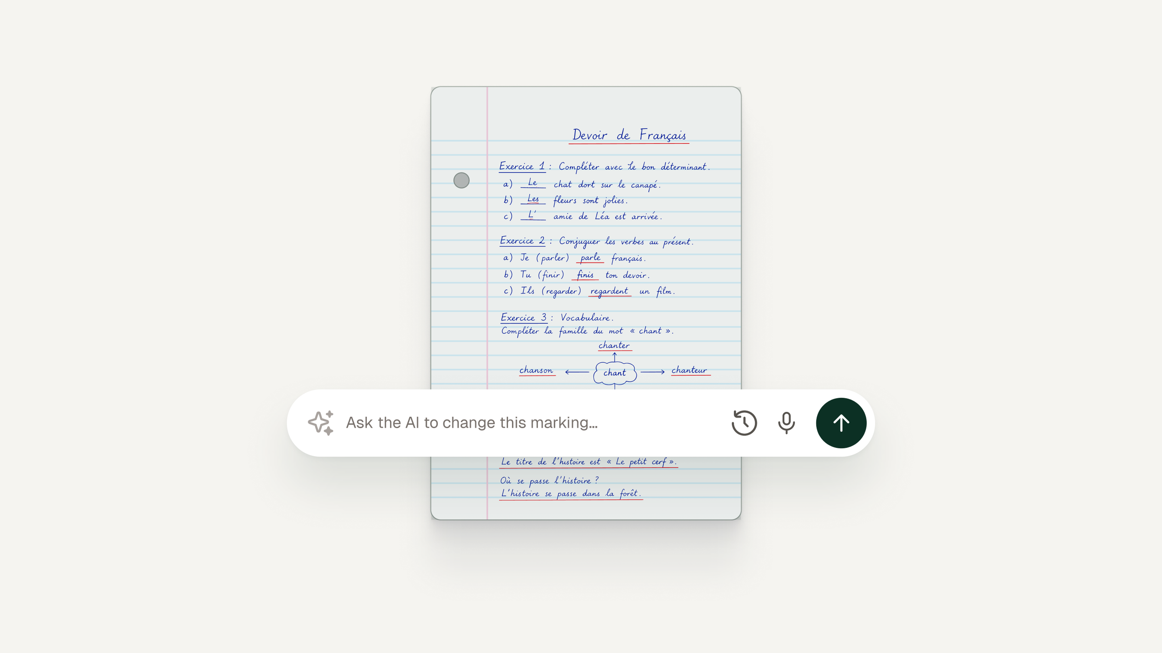 Examino command bar to ask the AI to modify the correction of a paper