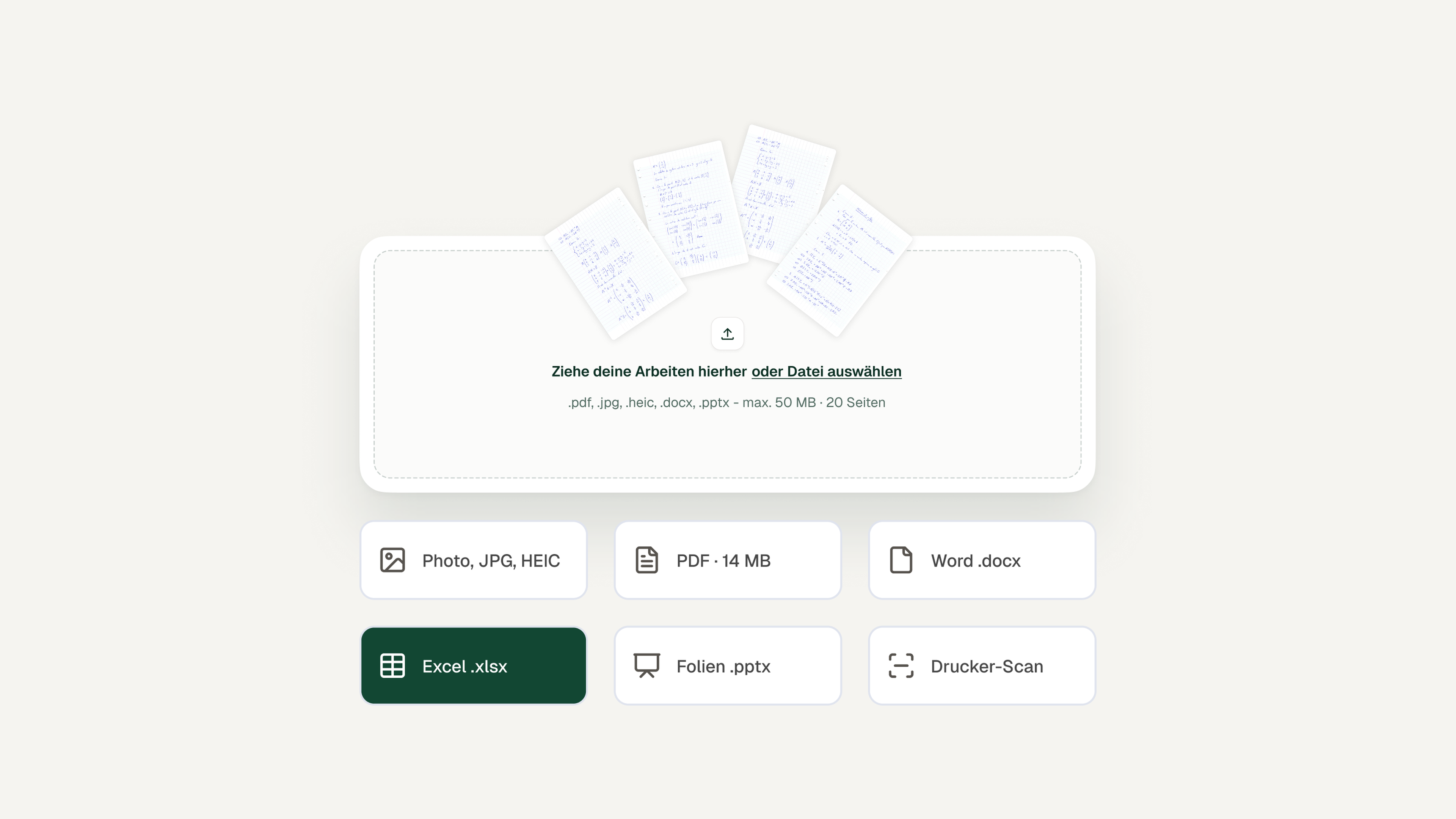 Examino-Upload-Bereich für Fotos, PDF, Word, Excel, Folien und Druckerscans