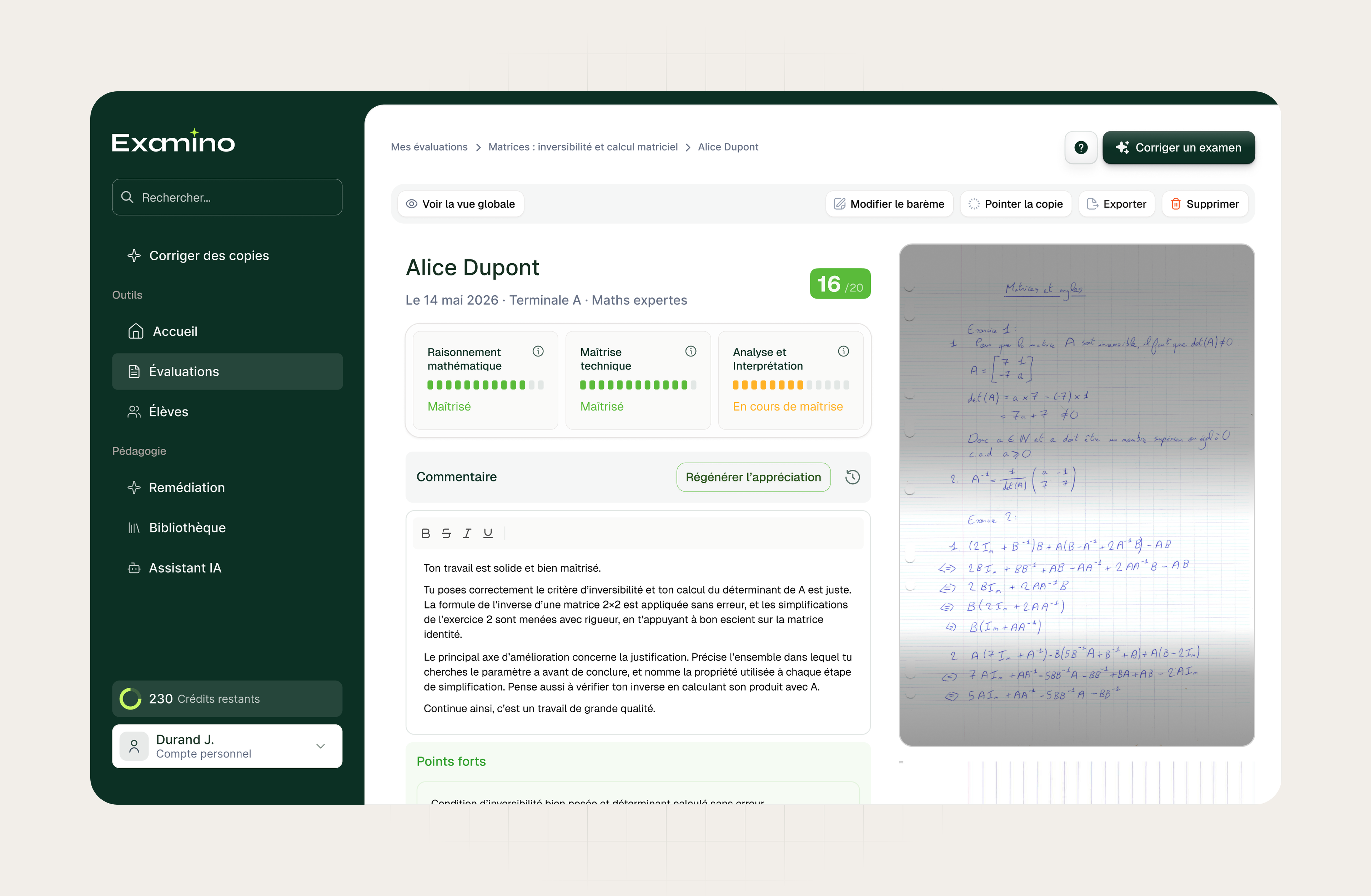 Vue de correction complète d'une copie dans Examino avec appréciation générale et points forts