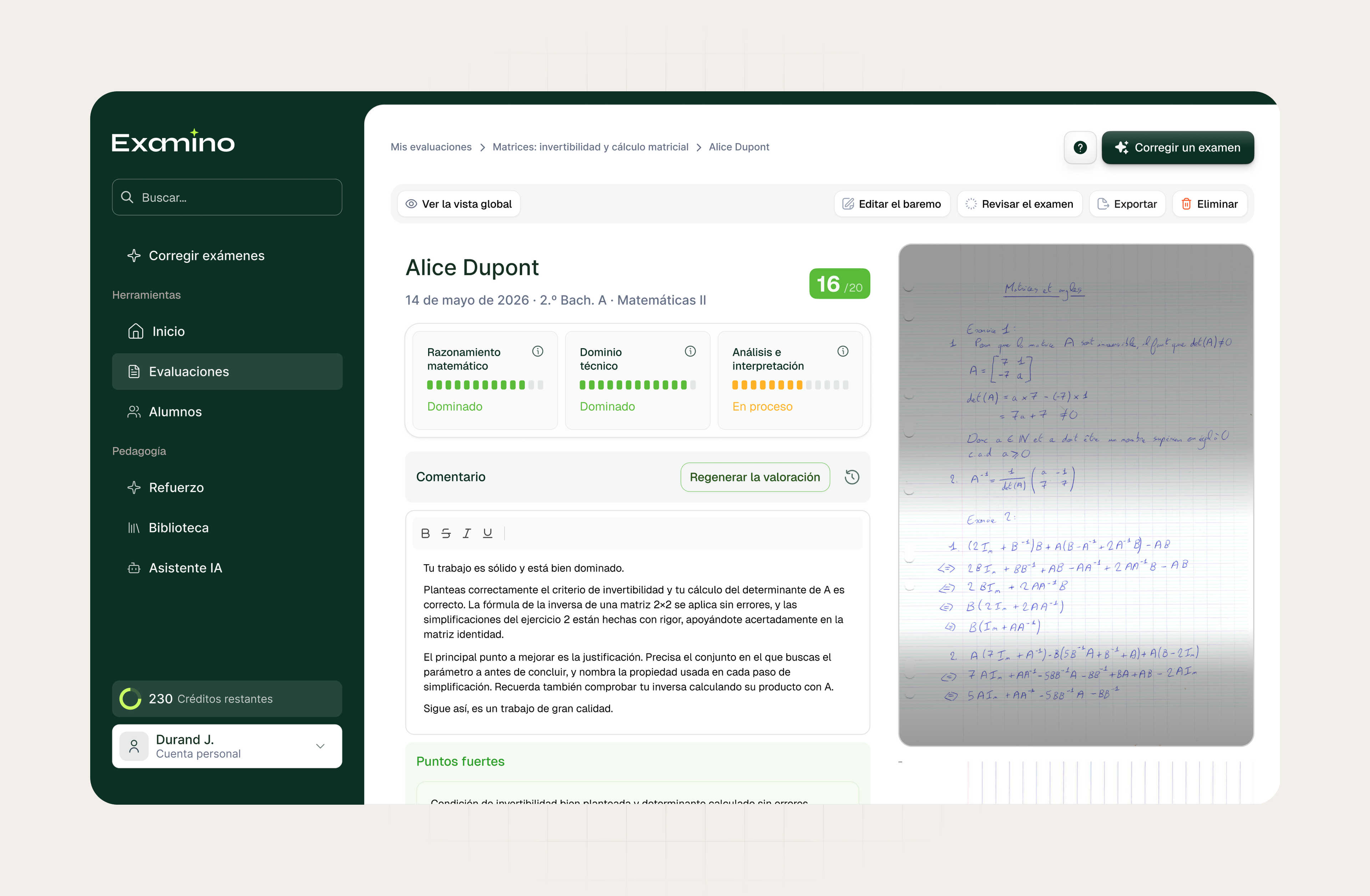 Vista de corrección completa de un examen en Examino con apreciación general y puntos fuertes