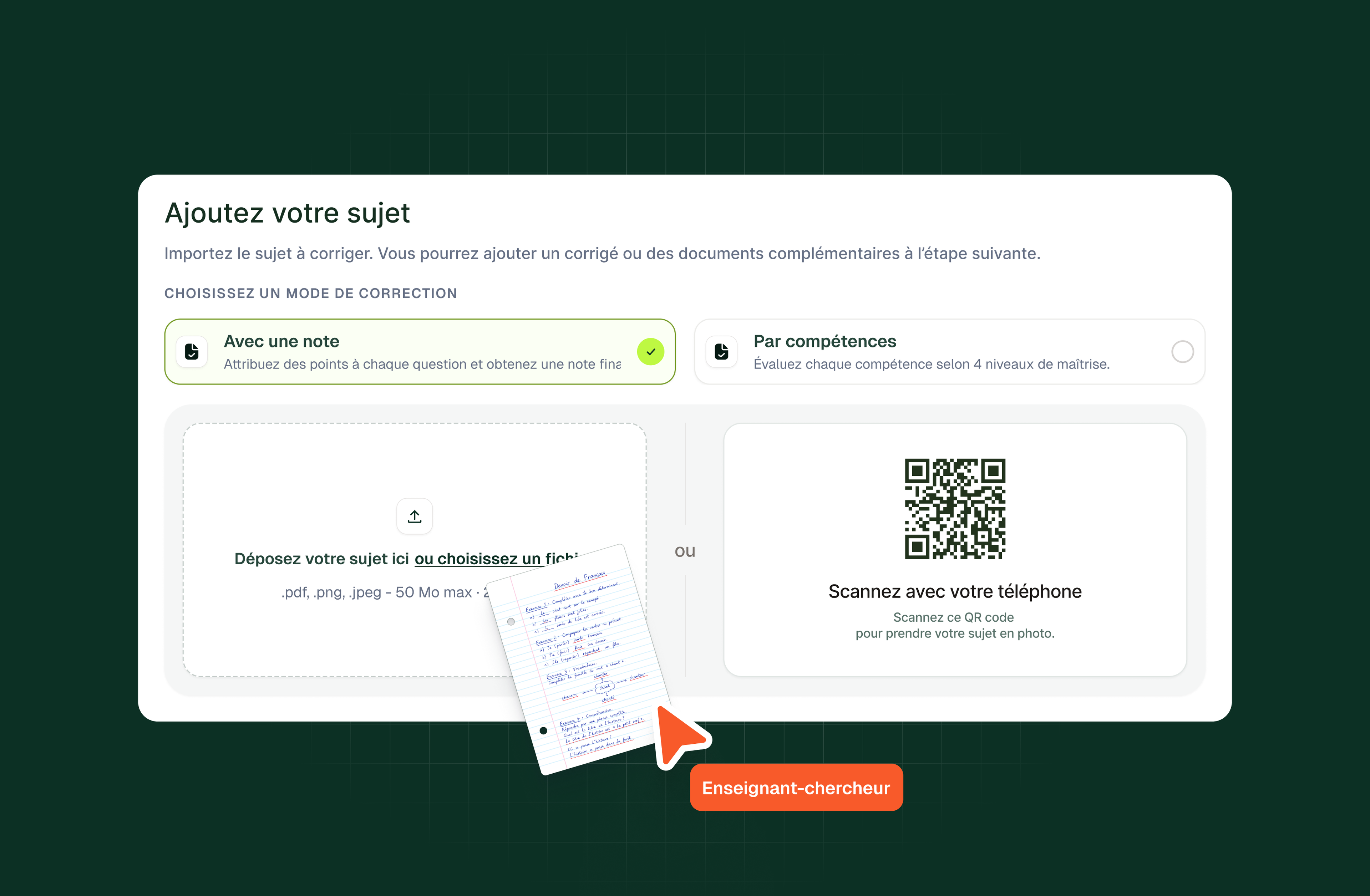 Écran « Ajoutez votre sujet » d'Examino : import du sujet par fichier ou par QR code depuis le téléphone
