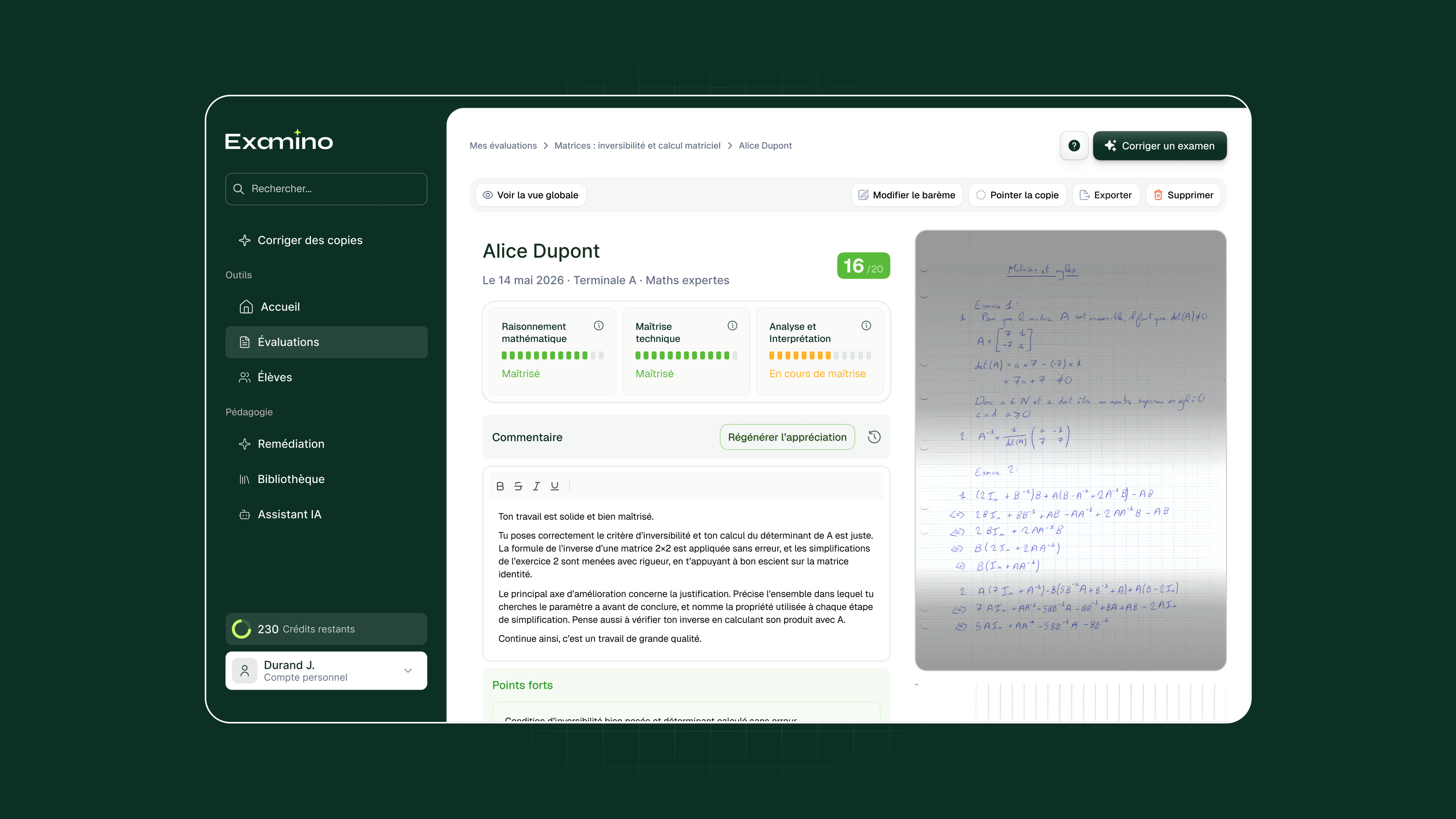 Vue de correction complète d'une copie dans Examino avec appréciation générale et points forts