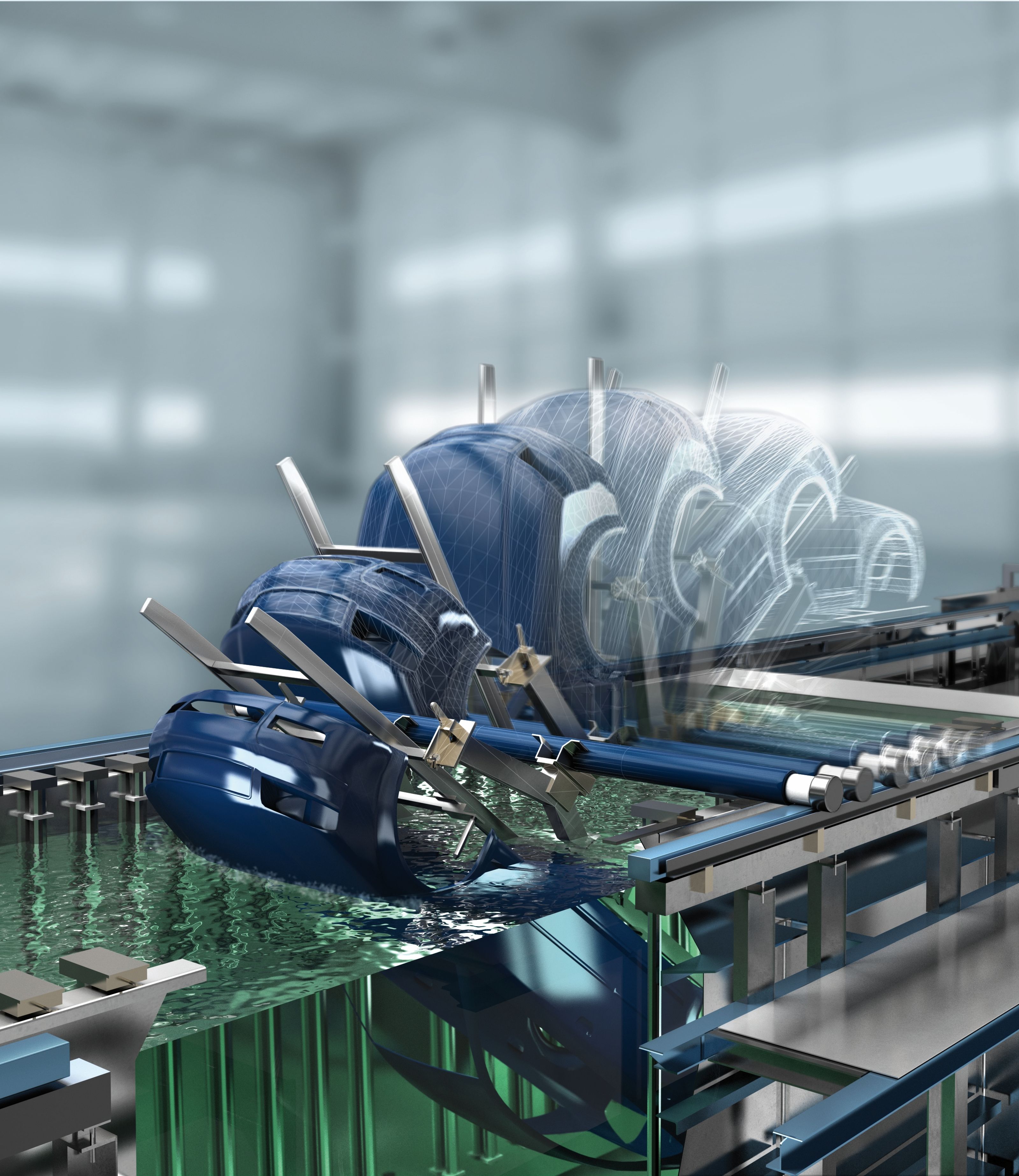 Eine Karosserie wird in einen Industrietank getaucht, wodurch ein Fertigungs- oder Beschichtungsprozess in einer modernen Fabrikumgebung demonstriert wird.