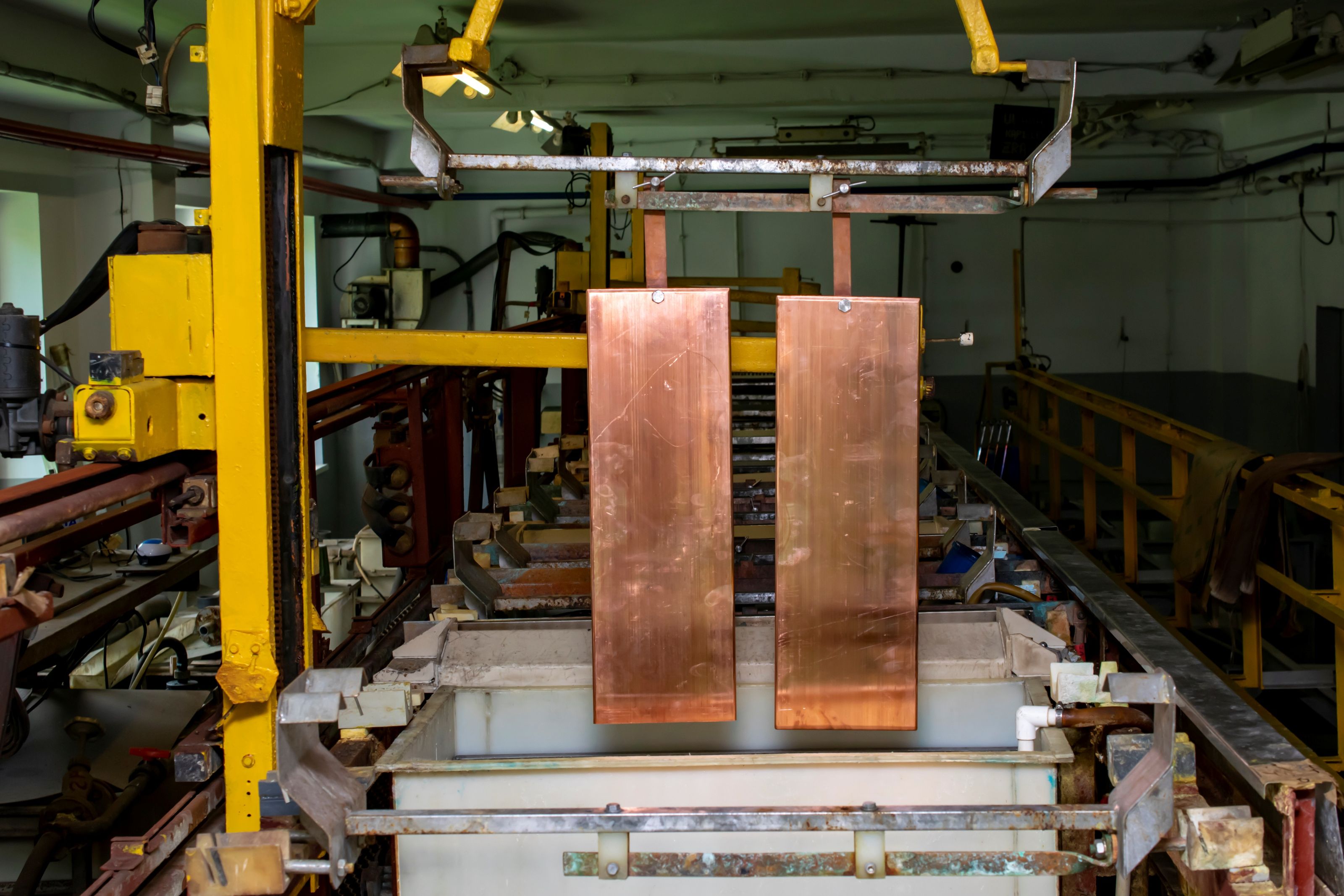 Copper plates in an industrial electroplating plant