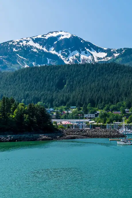 A scenic view of a coastal town with a marina, lush green forests, and a snow-capped mountain under a clear blue sky.