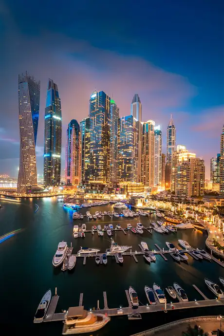 A View of the Dubai Skyline and Marina at Night