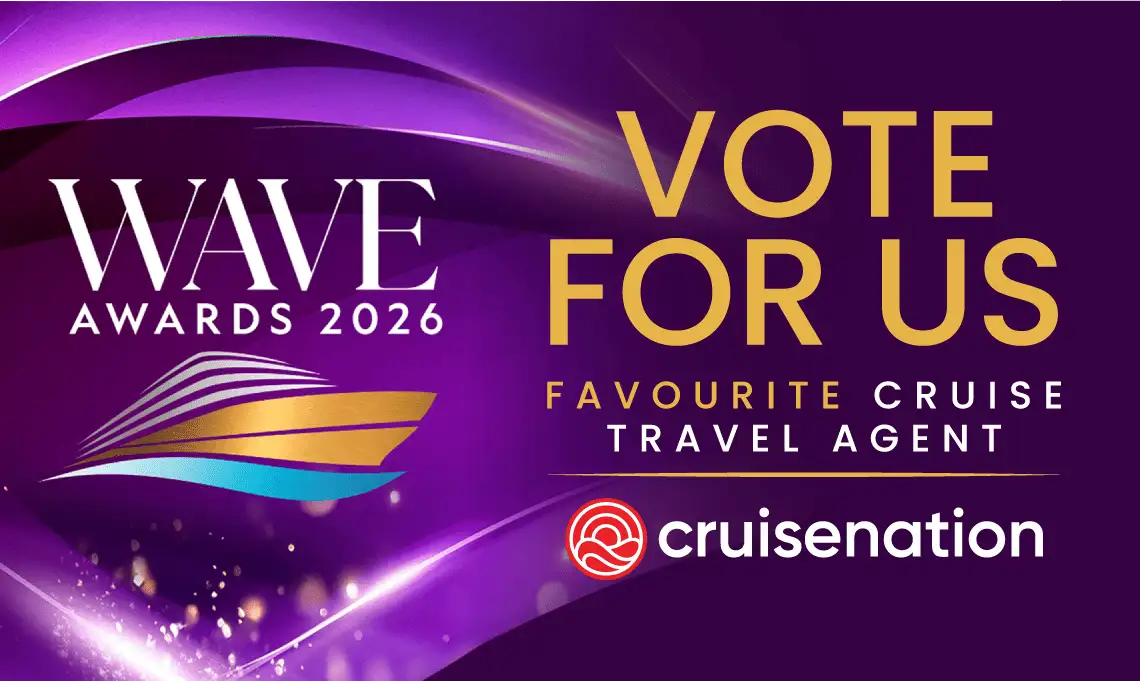 Purple banner for WAVE Awards 2026, promoting voting for favorite cruise travel agent, featuring Cruise Nation logo and stylized ship icon.